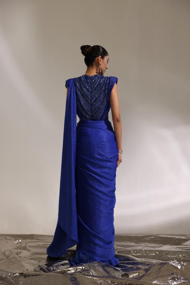 Abyss blue sculpted sleeve draped saree