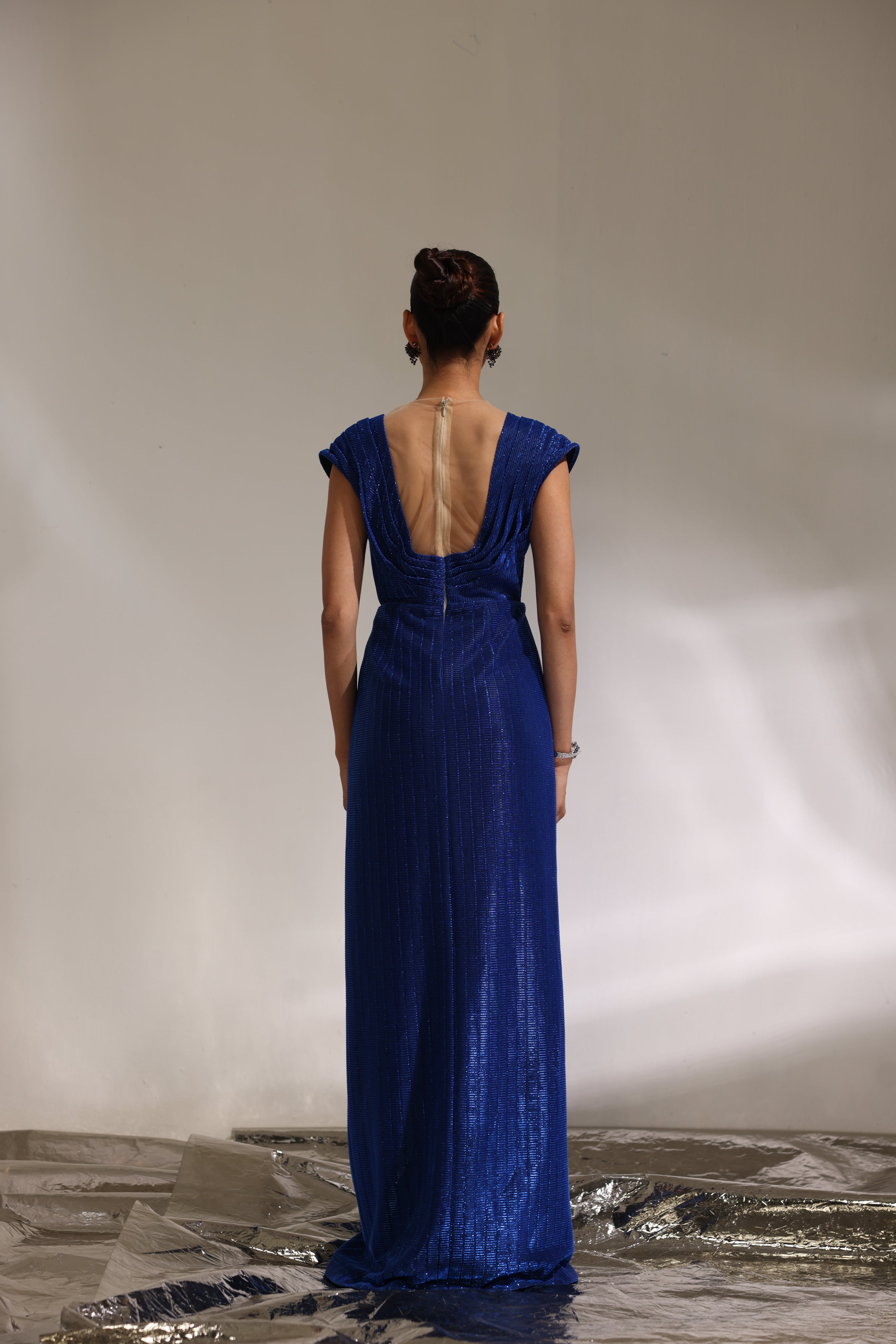 Sapphire power shoulder embroidered gown