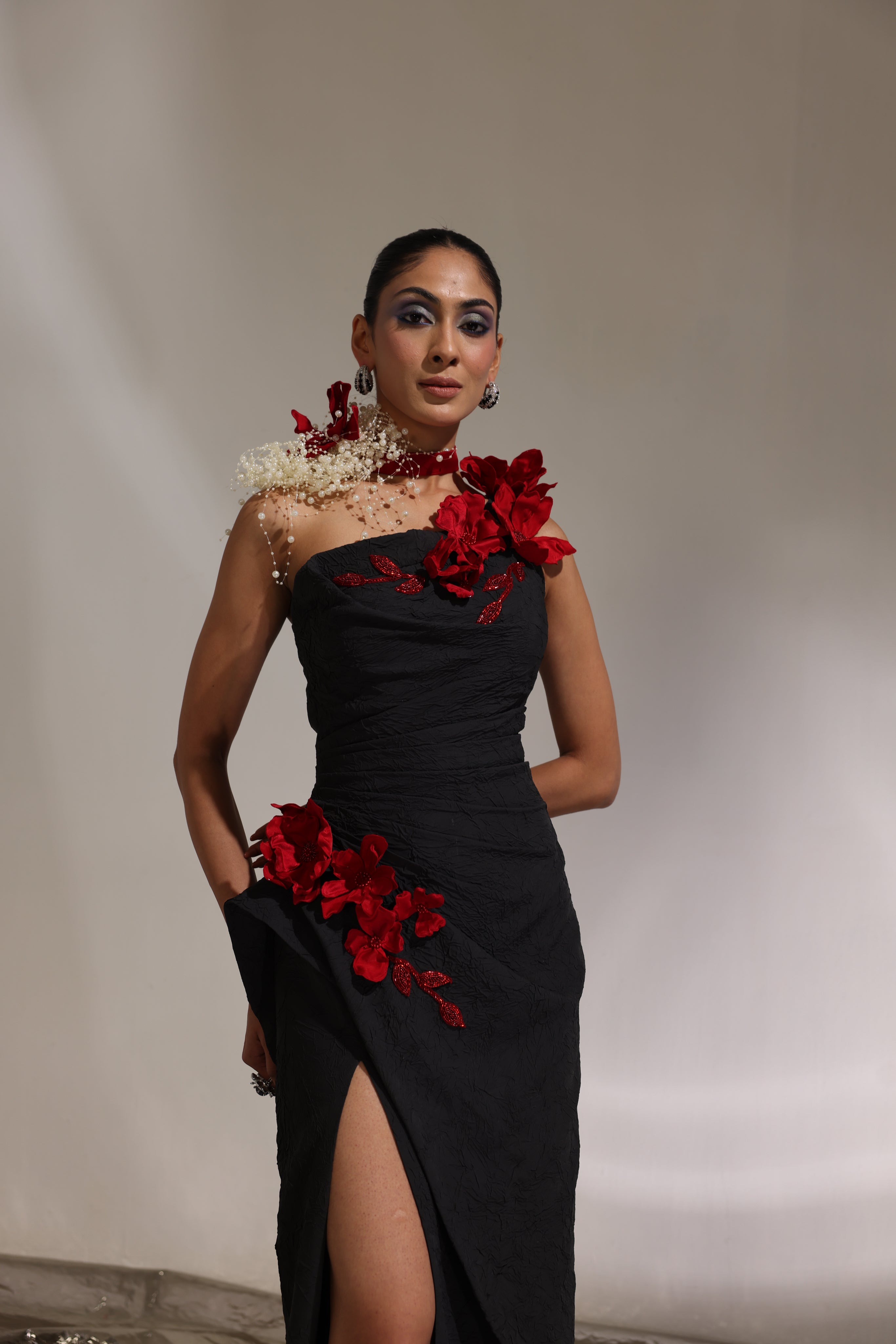 Charcoal black one shoulder floral gown