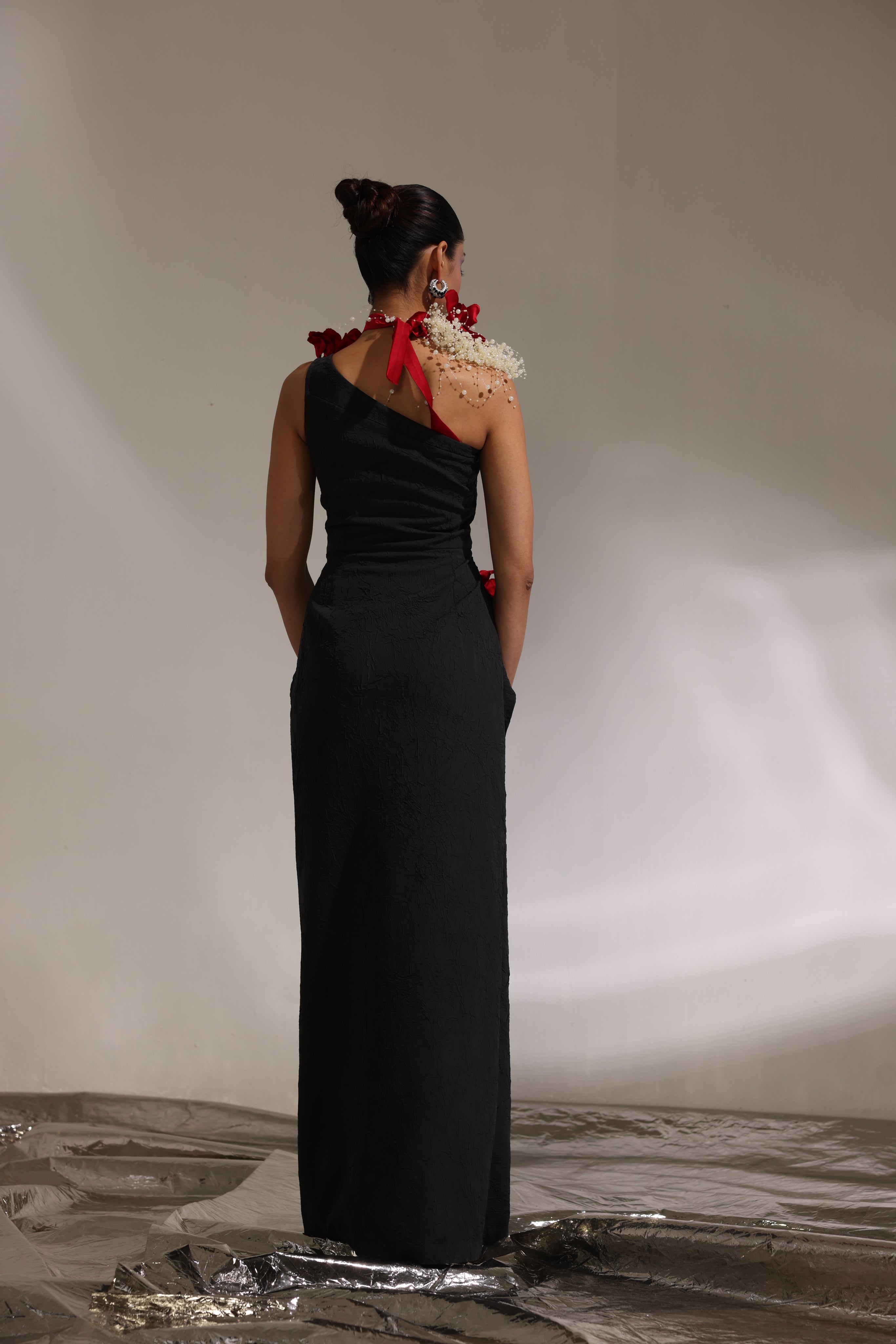 Charcoal black one shoulder floral gown