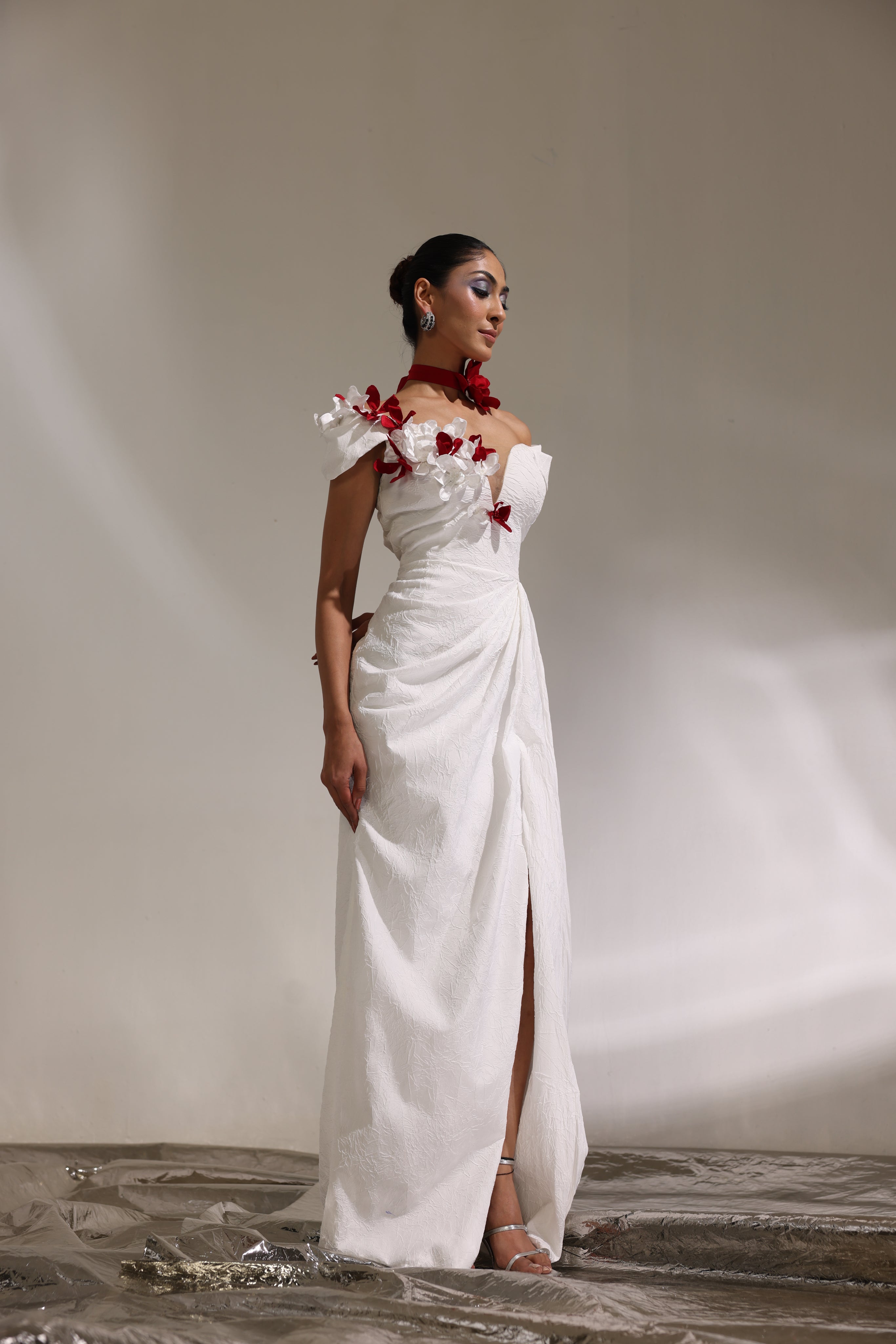Ivory off shoulder 3D embellished floral gown
