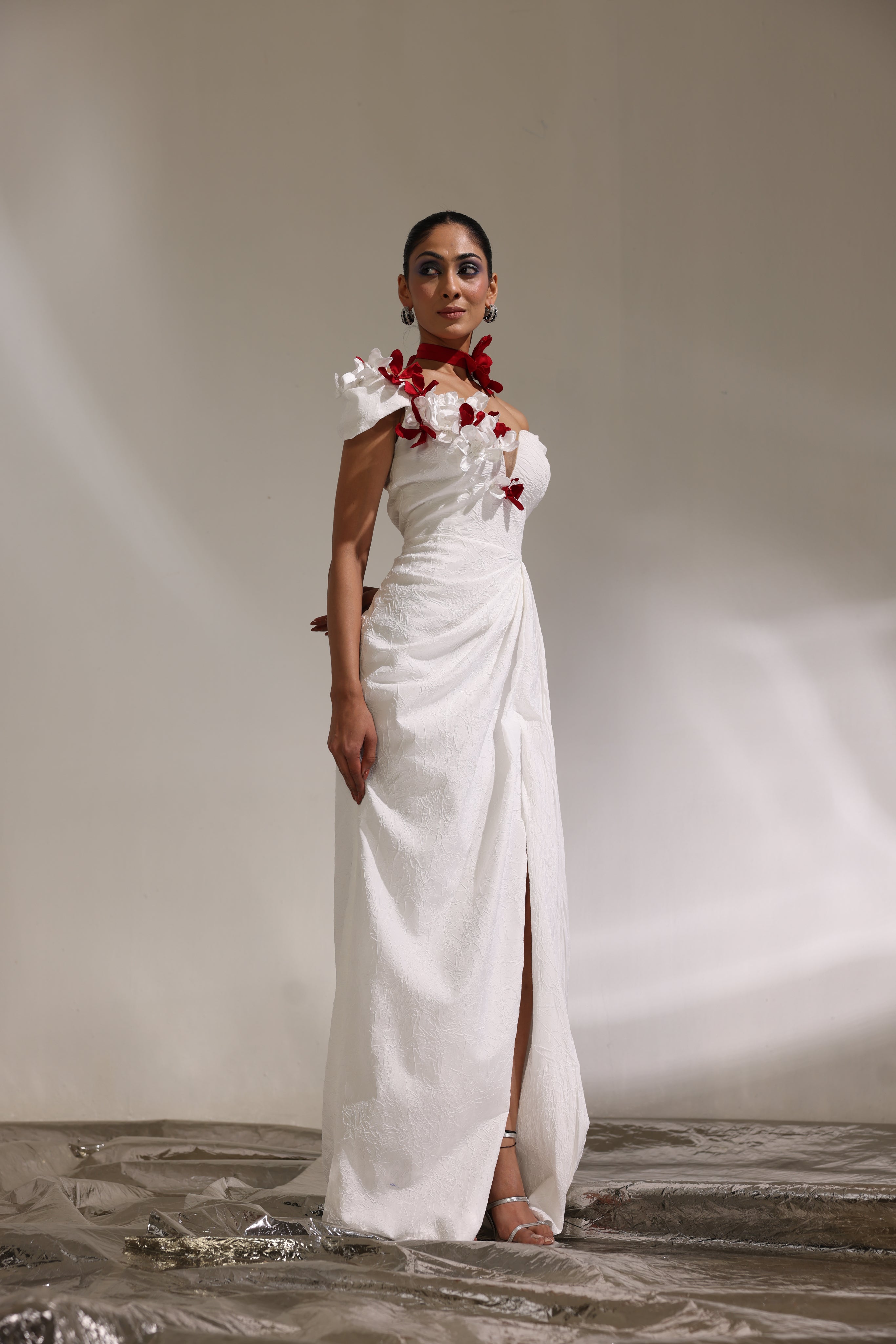 Ivory off shoulder 3D embellished floral gown