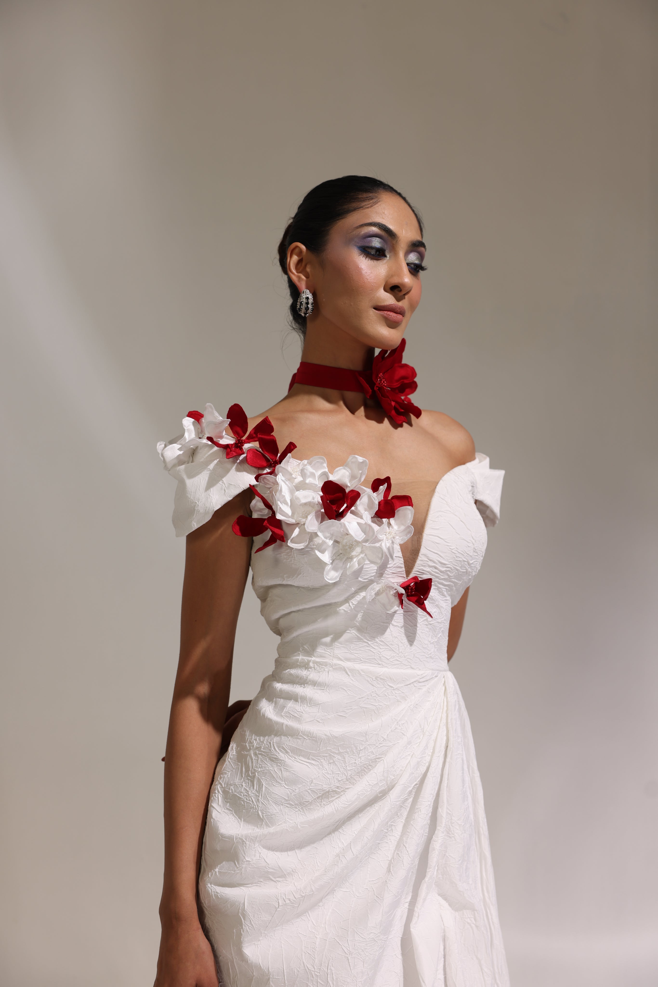 Ivory off shoulder 3D embellished floral gown