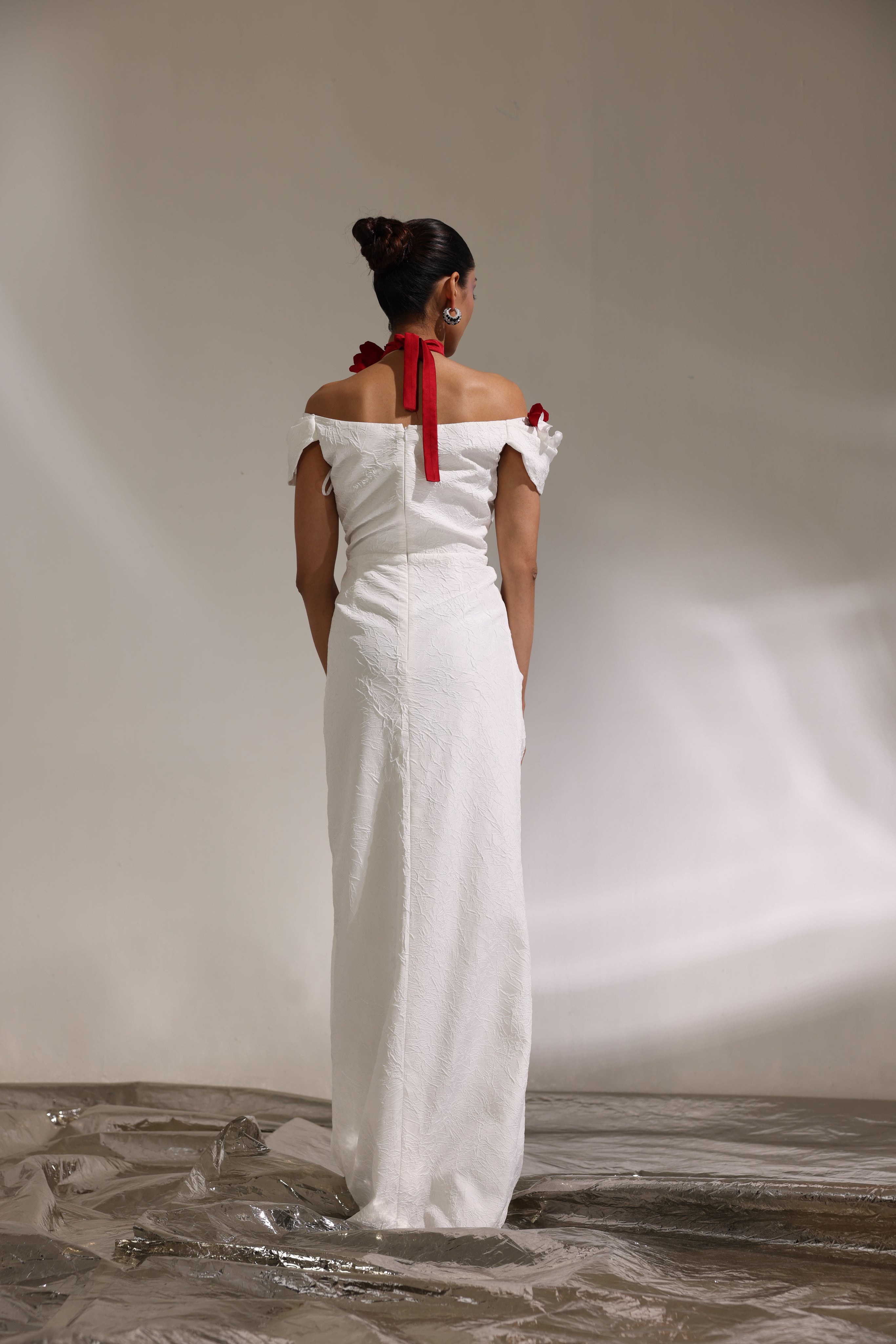 Ivory off shoulder 3D embellished floral gown