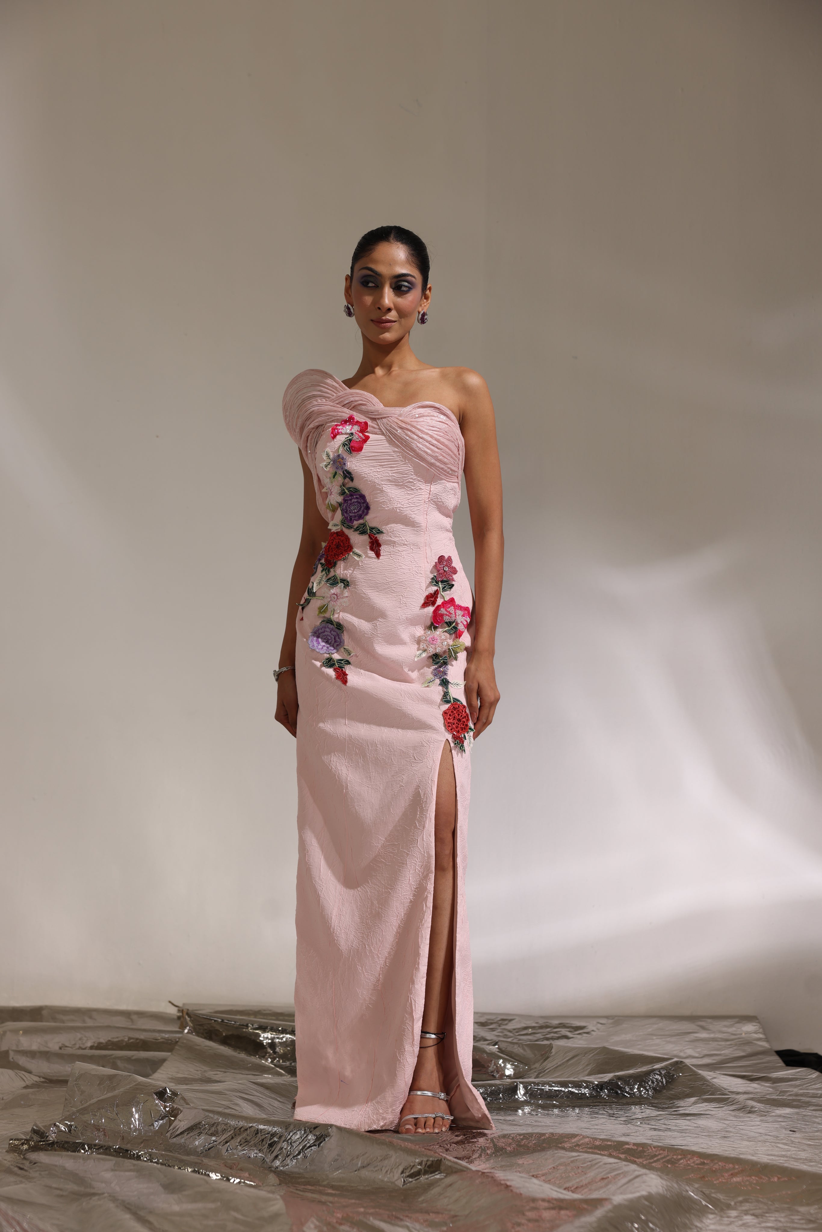 Blush pink off shoulder floral gown