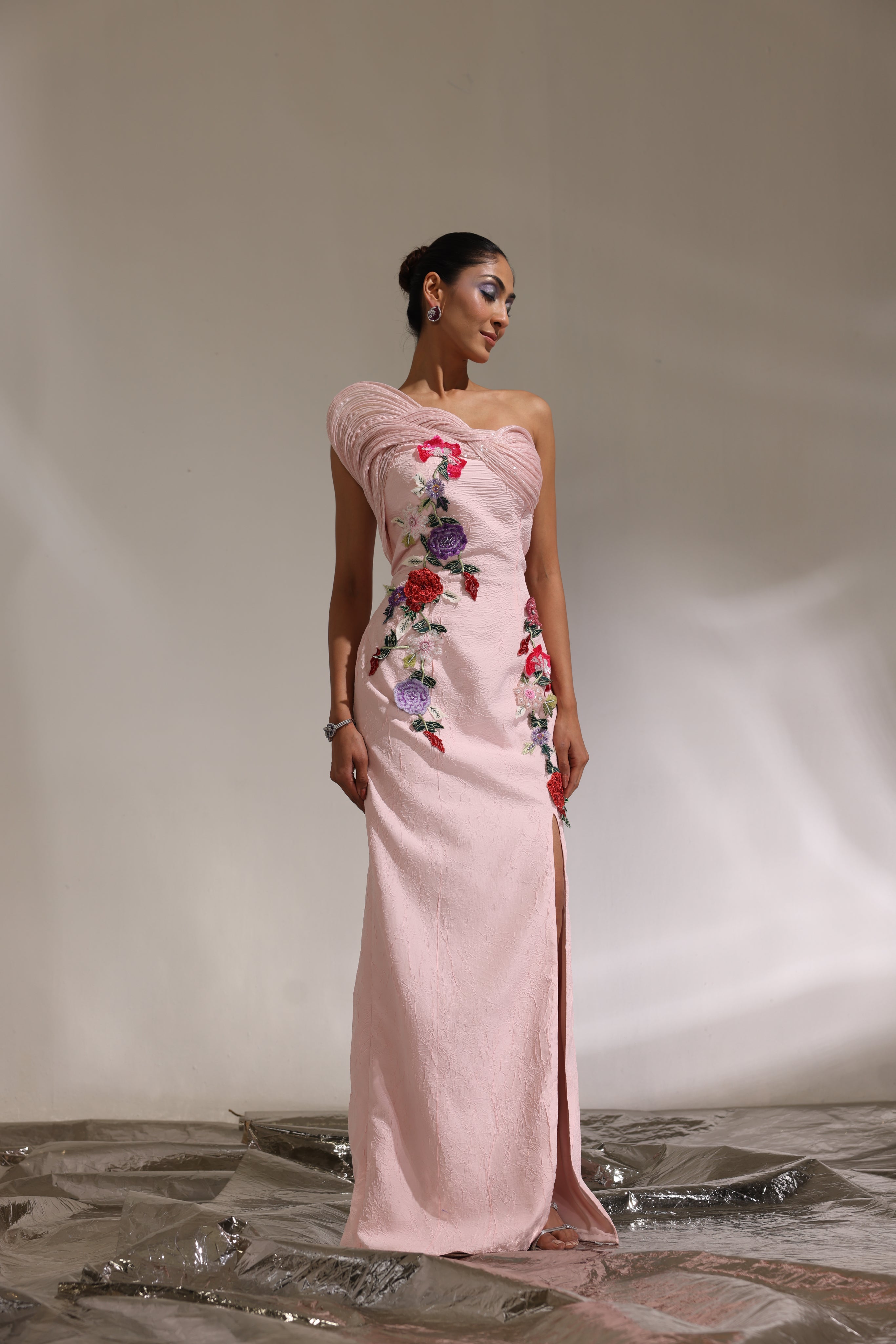 Blush pink off shoulder floral gown