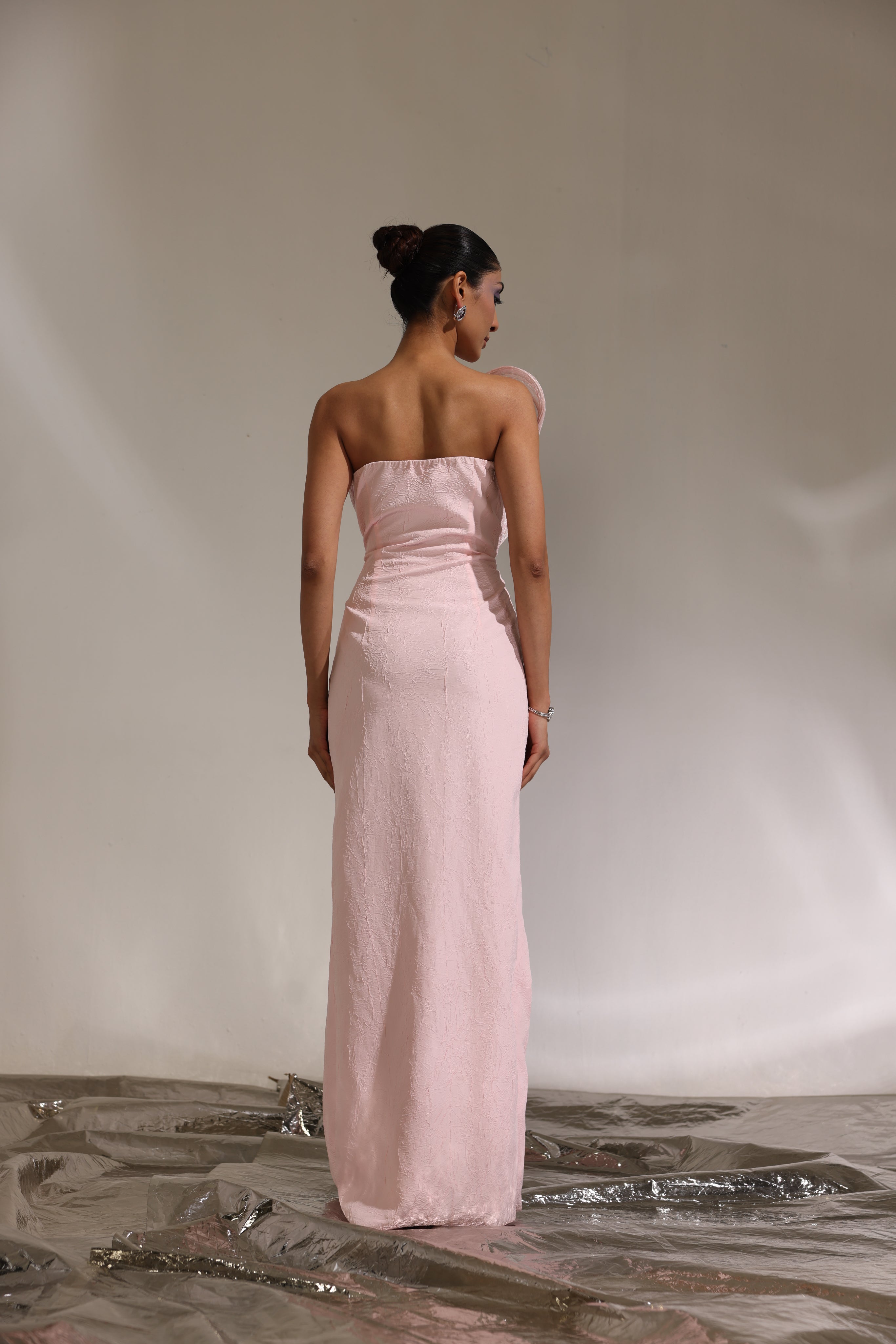 Blush pink off shoulder floral gown