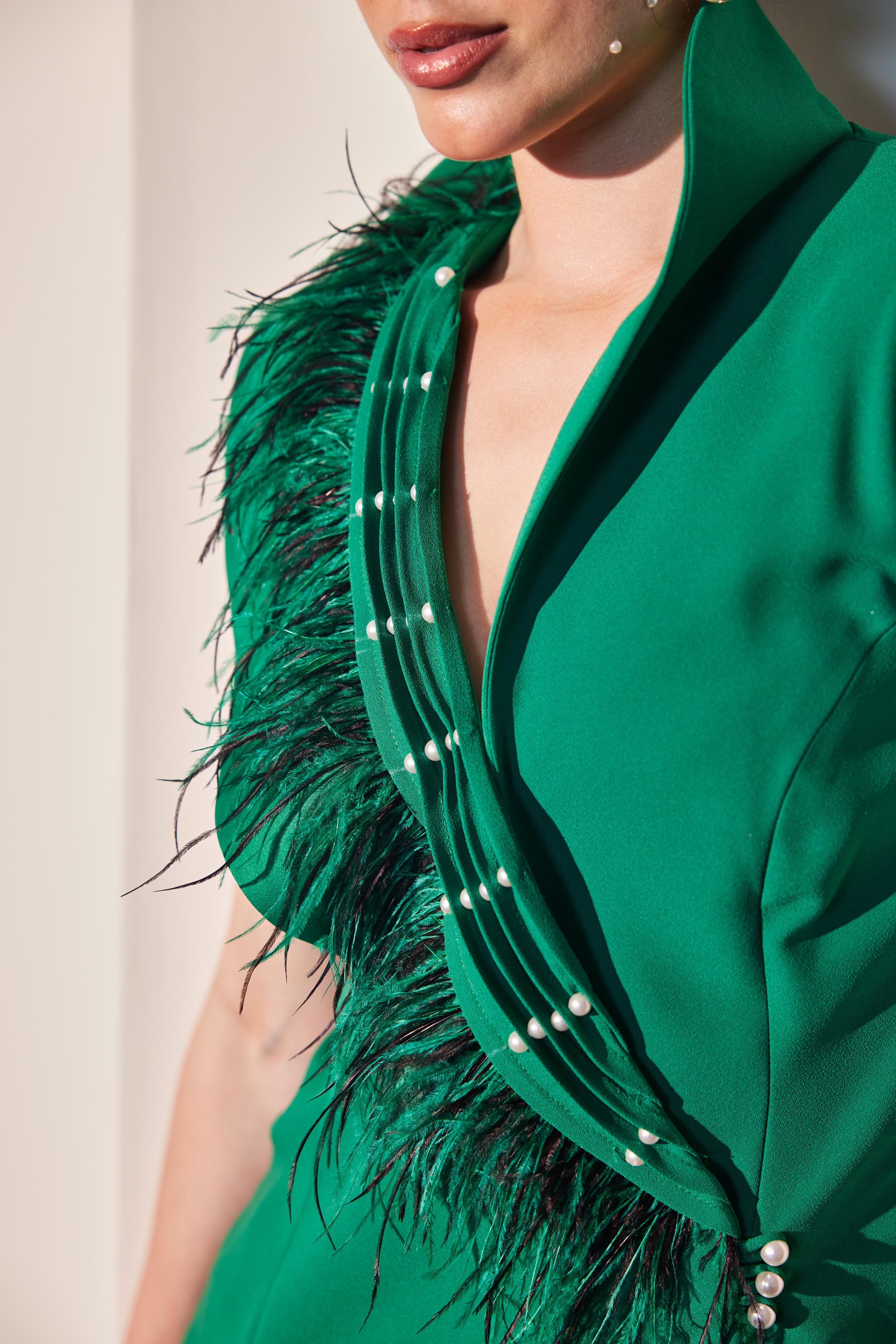Emerald Green High Collared Feather Dress