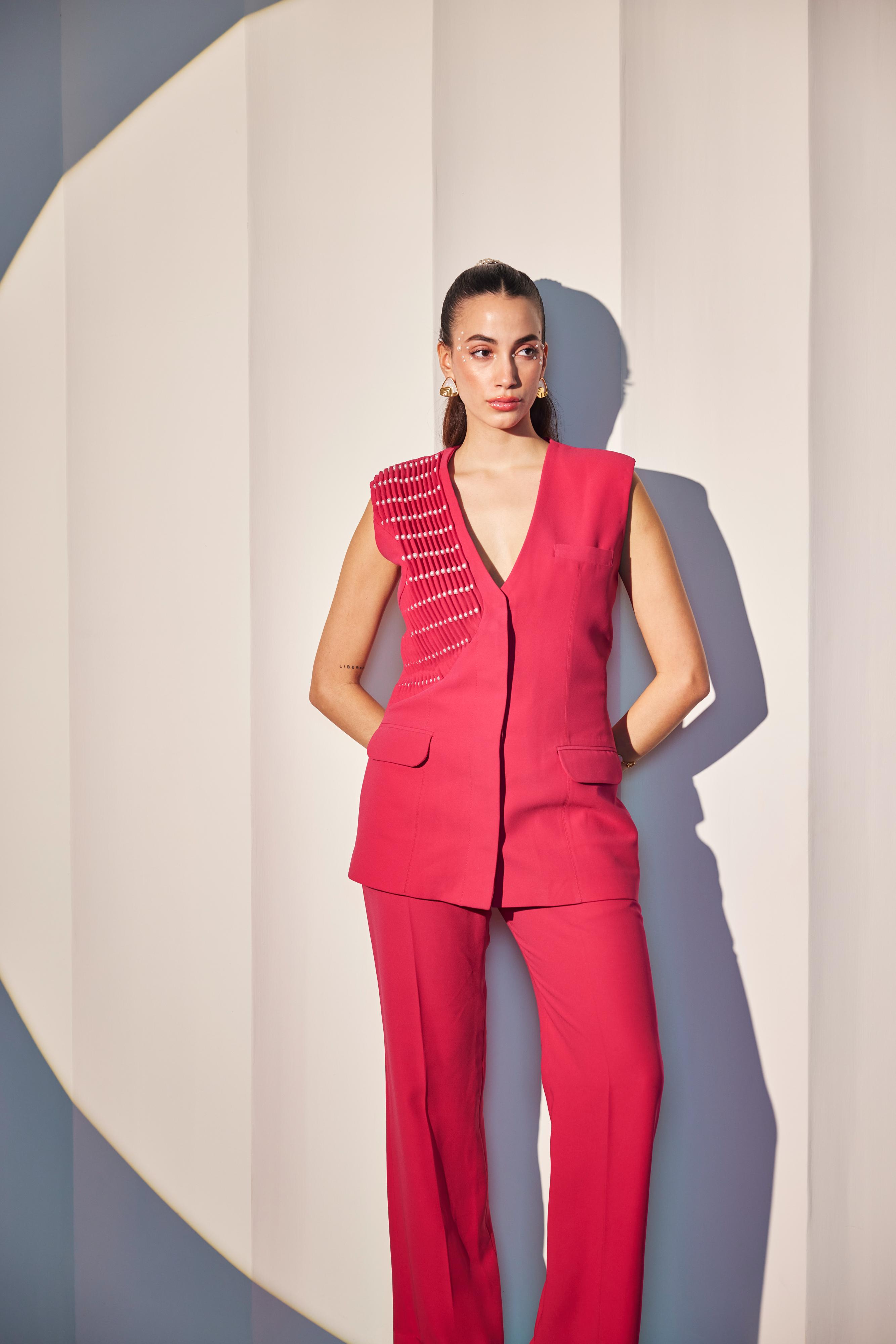 Fuchsia Pink V- Neck Pintucked Jacket & Pant Set