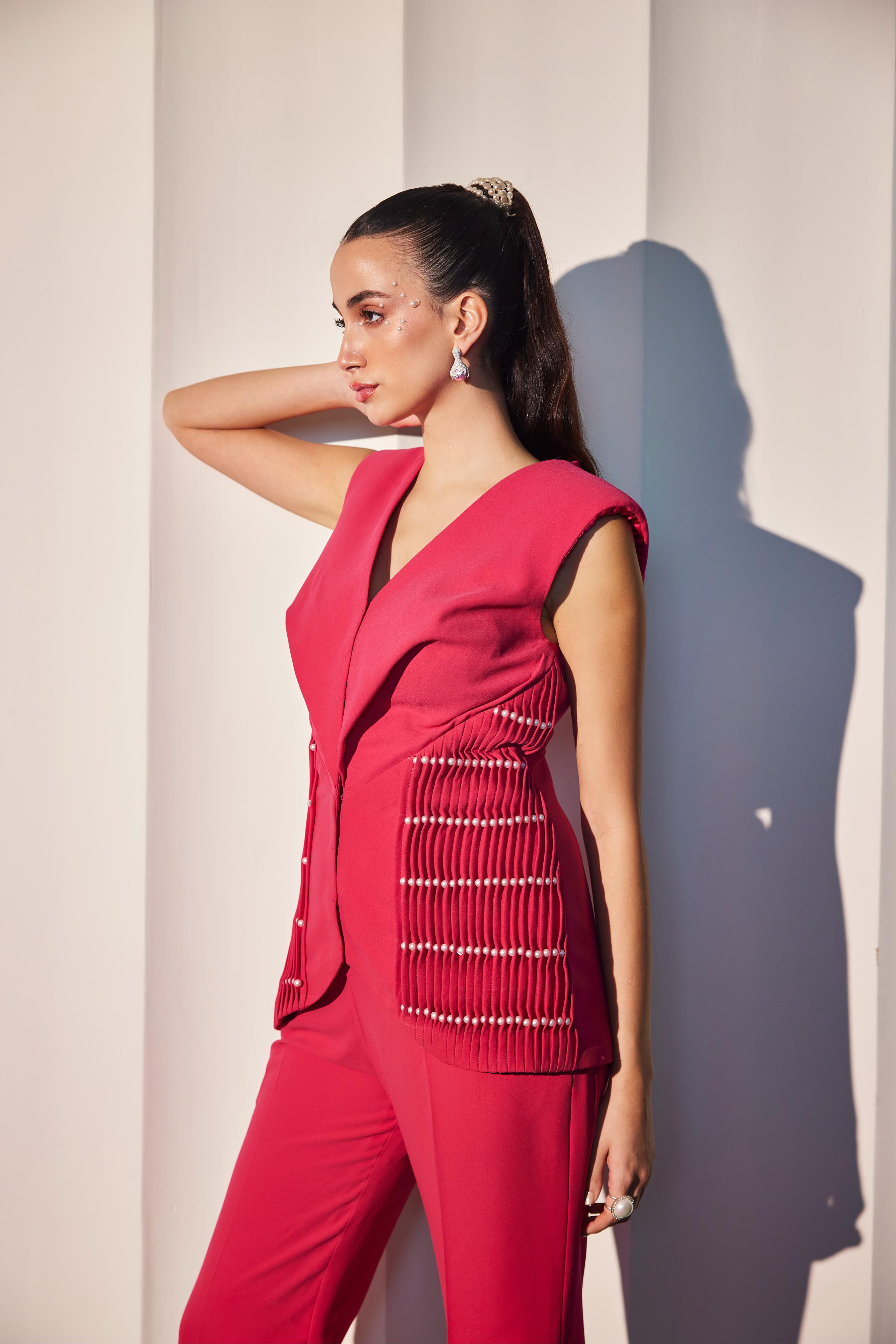 Fuchsia Pink V- Neck Pintucked Jacket