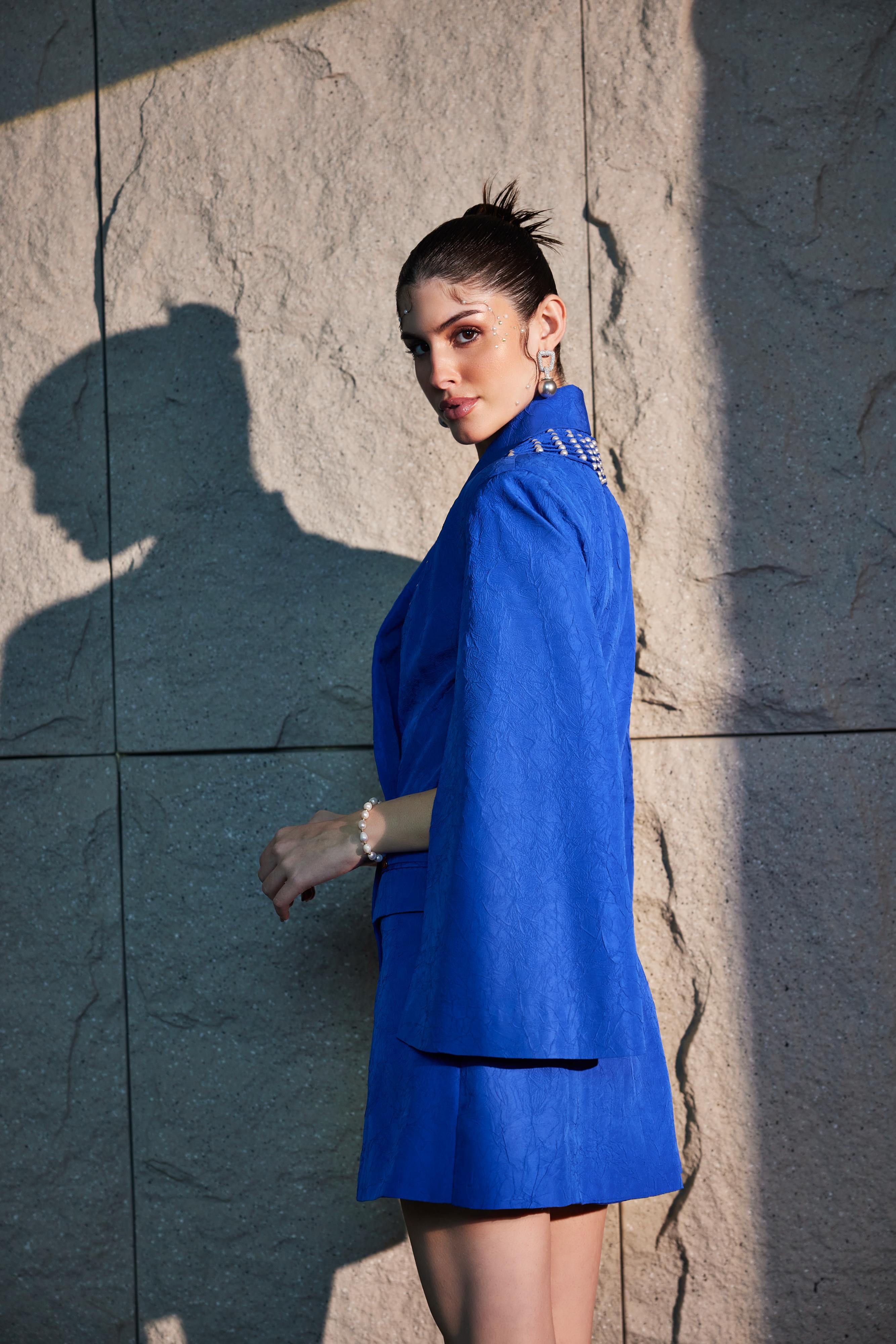 Imperial Blue Slit Sleeve Tuxedo Dress