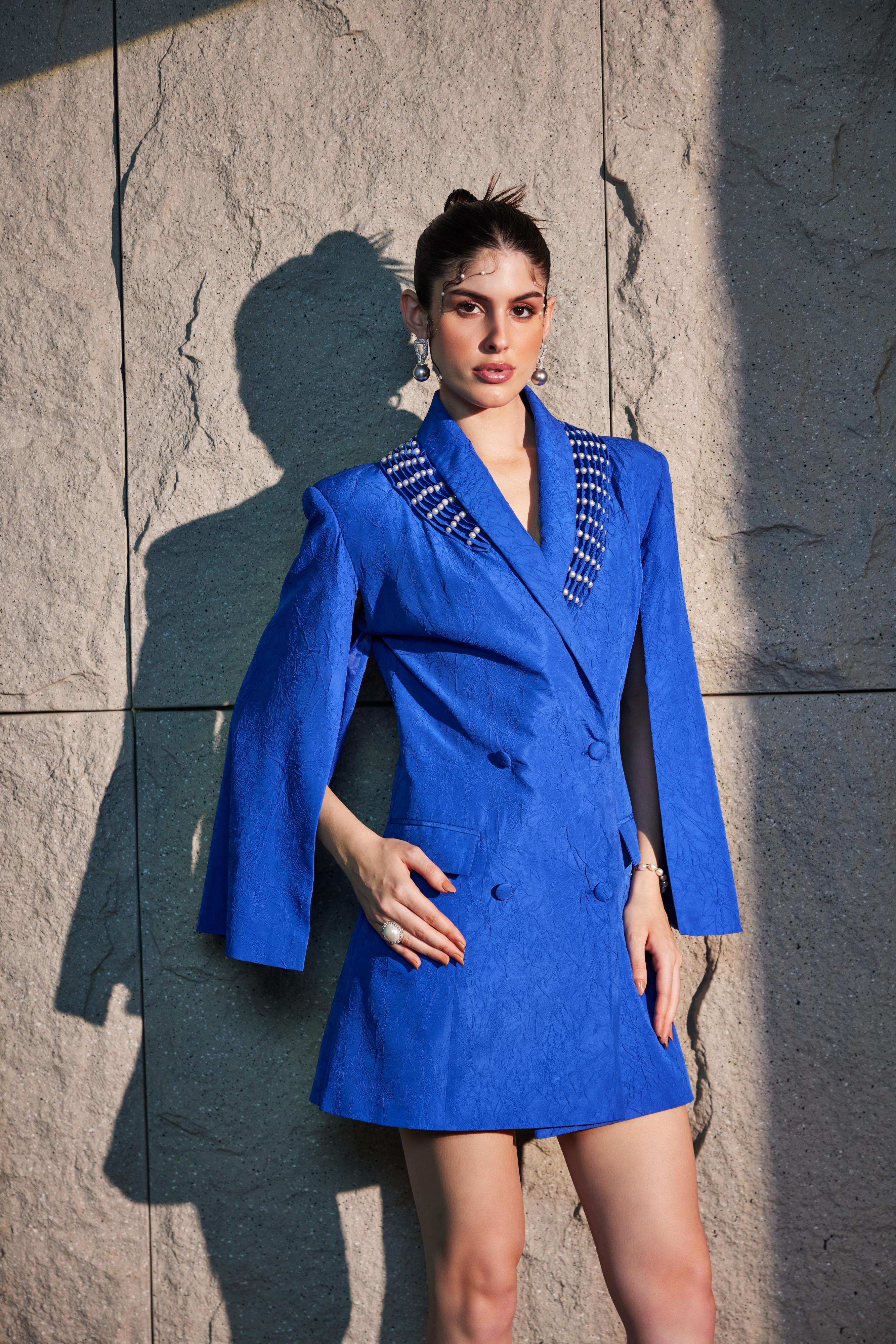 Imperial Blue Slit Sleeve Tuxedo Dress