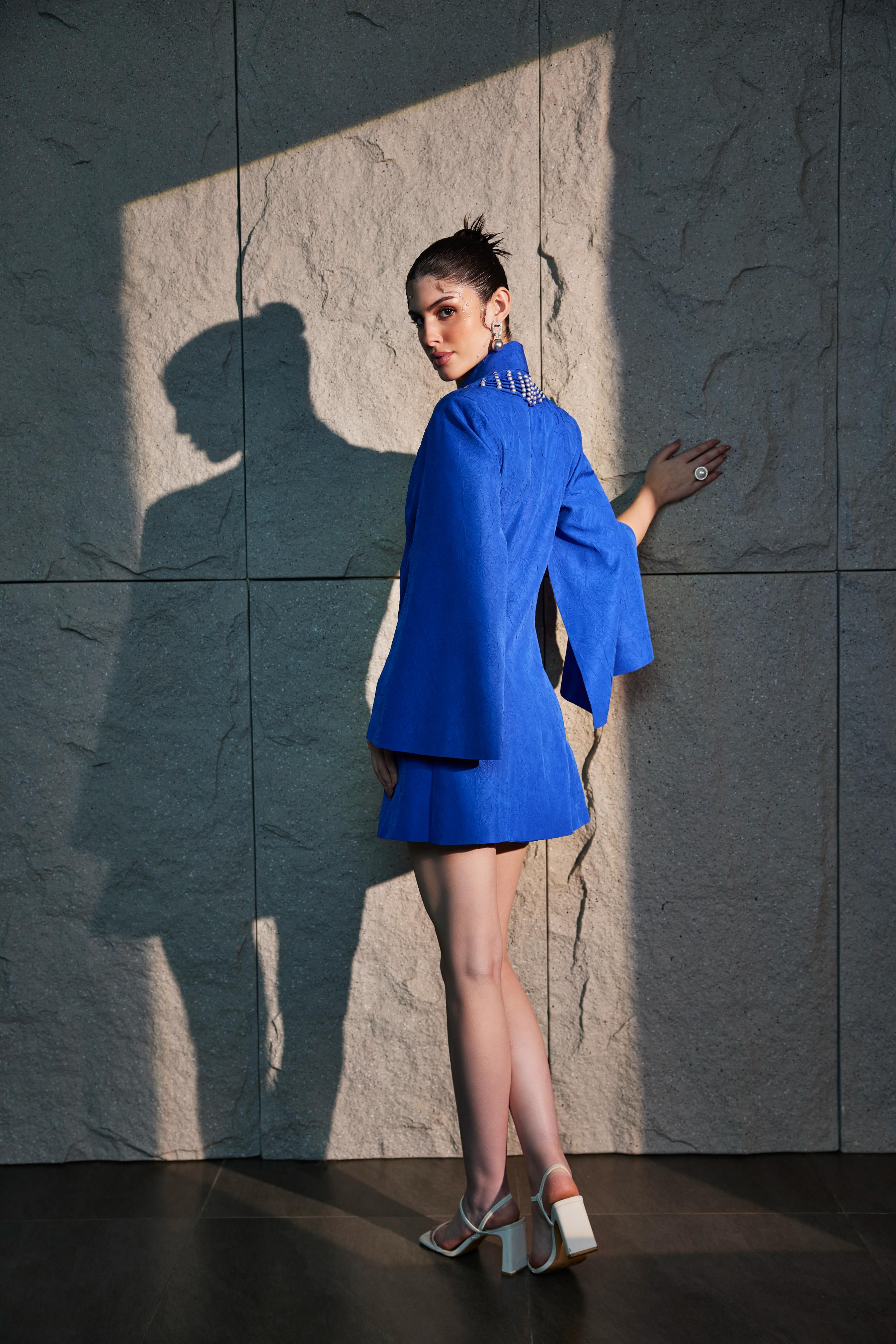 Imperial Blue Slit Sleeve Tuxedo Dress