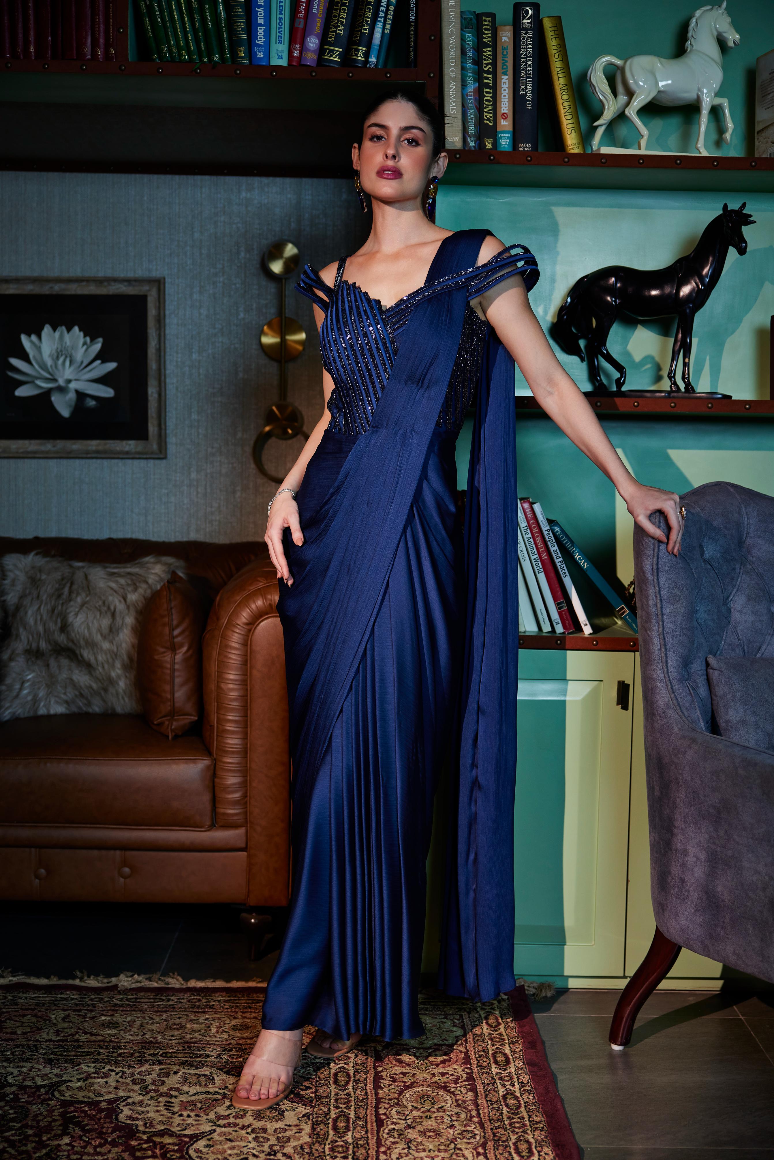Imperial Blue Structured Pre Draped Embellished Saree
