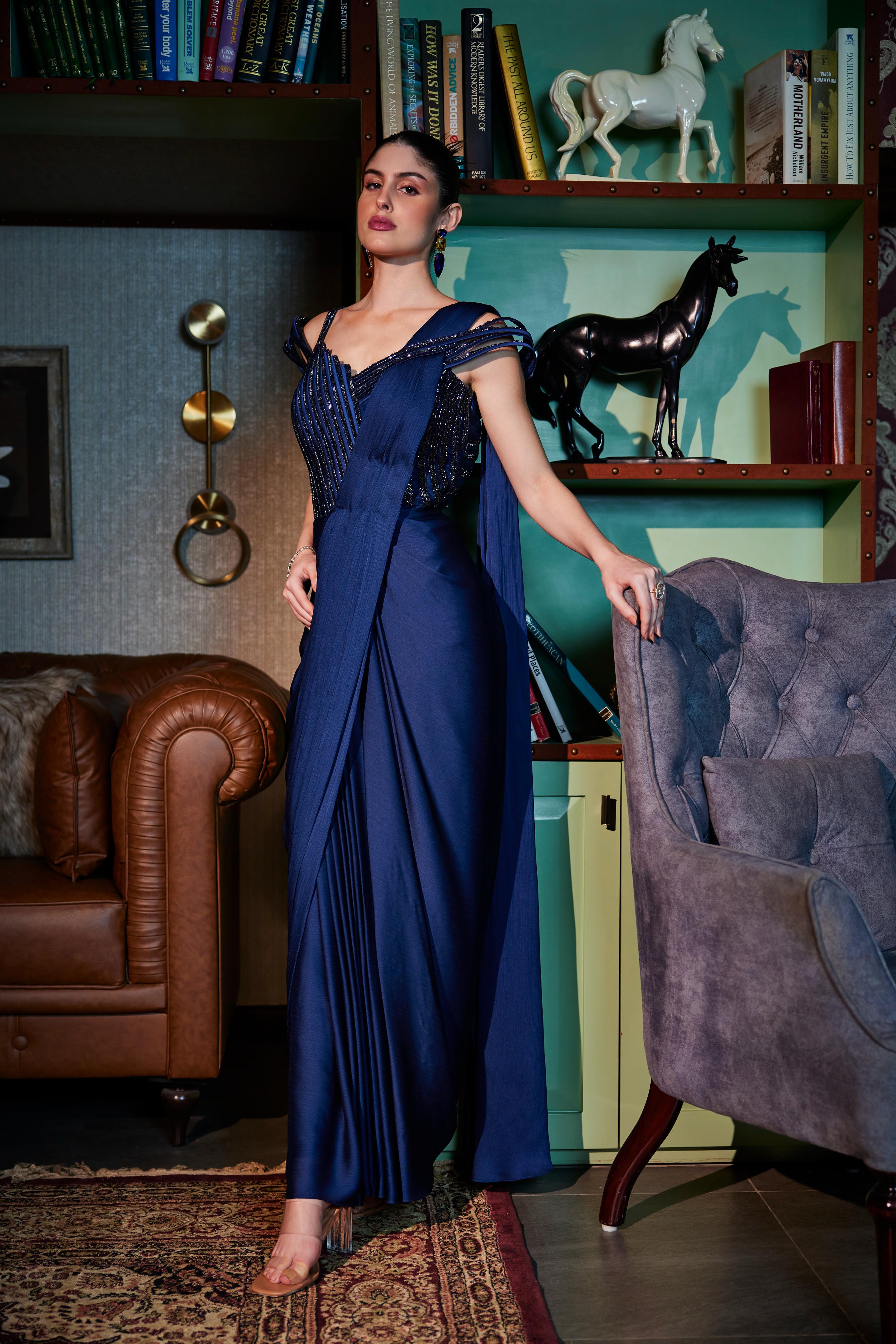 Imperial Blue Structured Pre Draped Embellished Saree