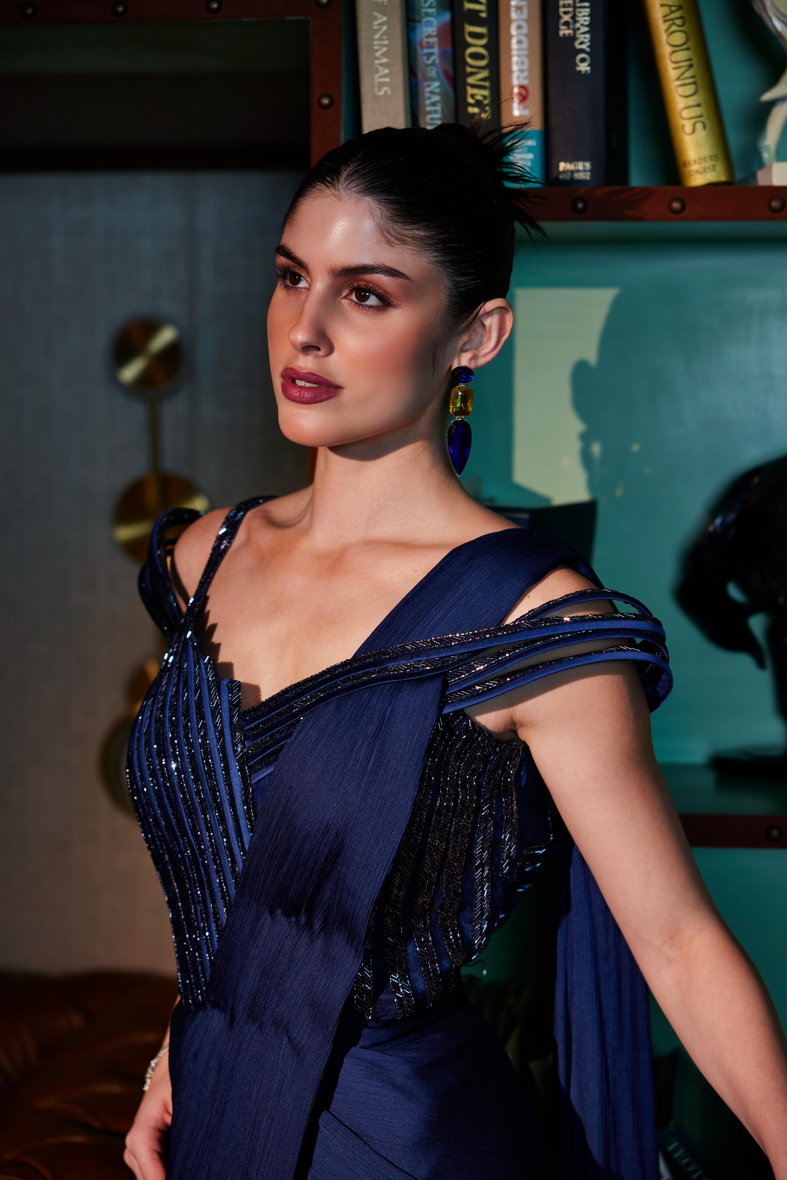 Imperial Blue Structured Pre Draped Embellished Saree