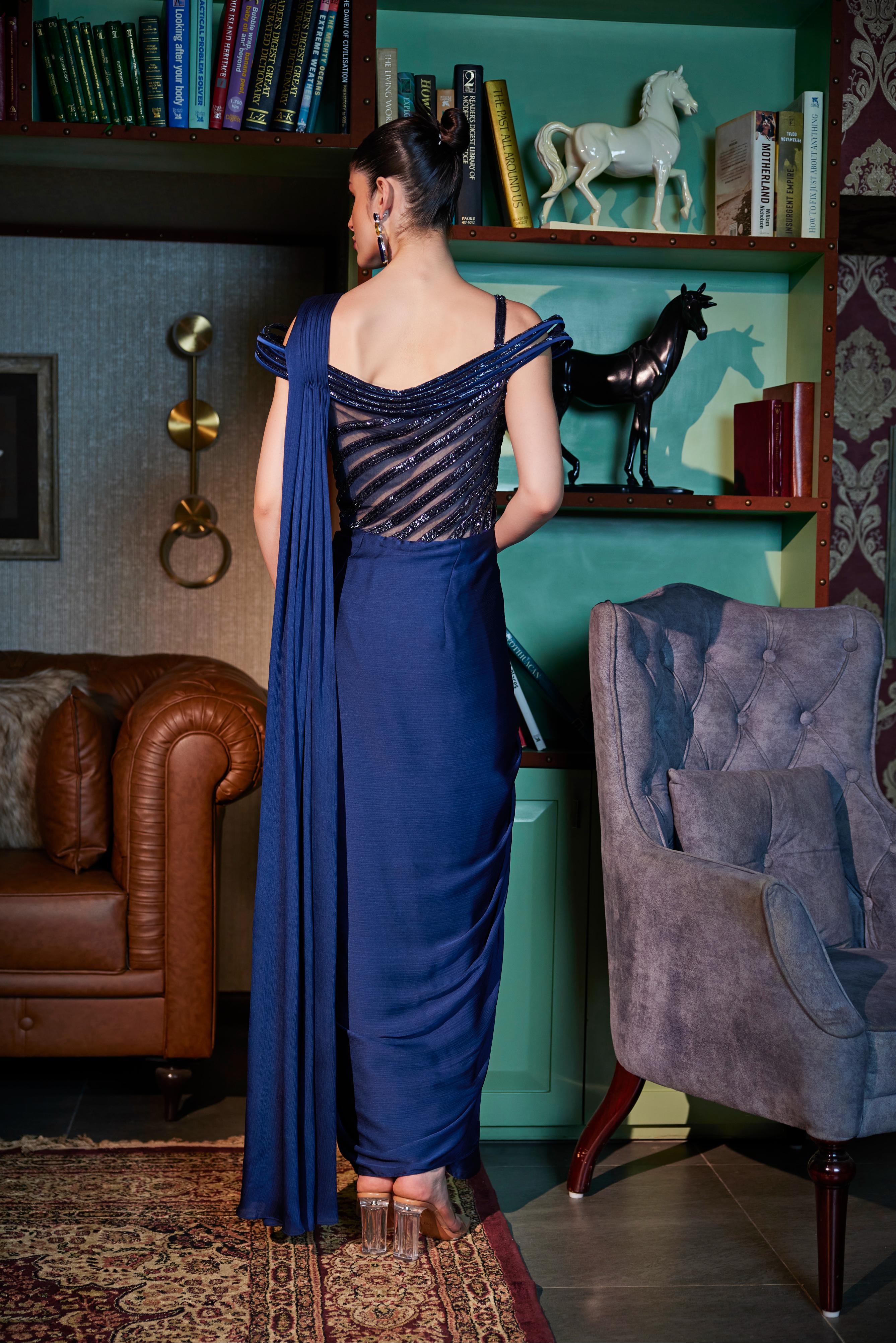 Imperial Blue Structured Pre Draped Embellished Saree