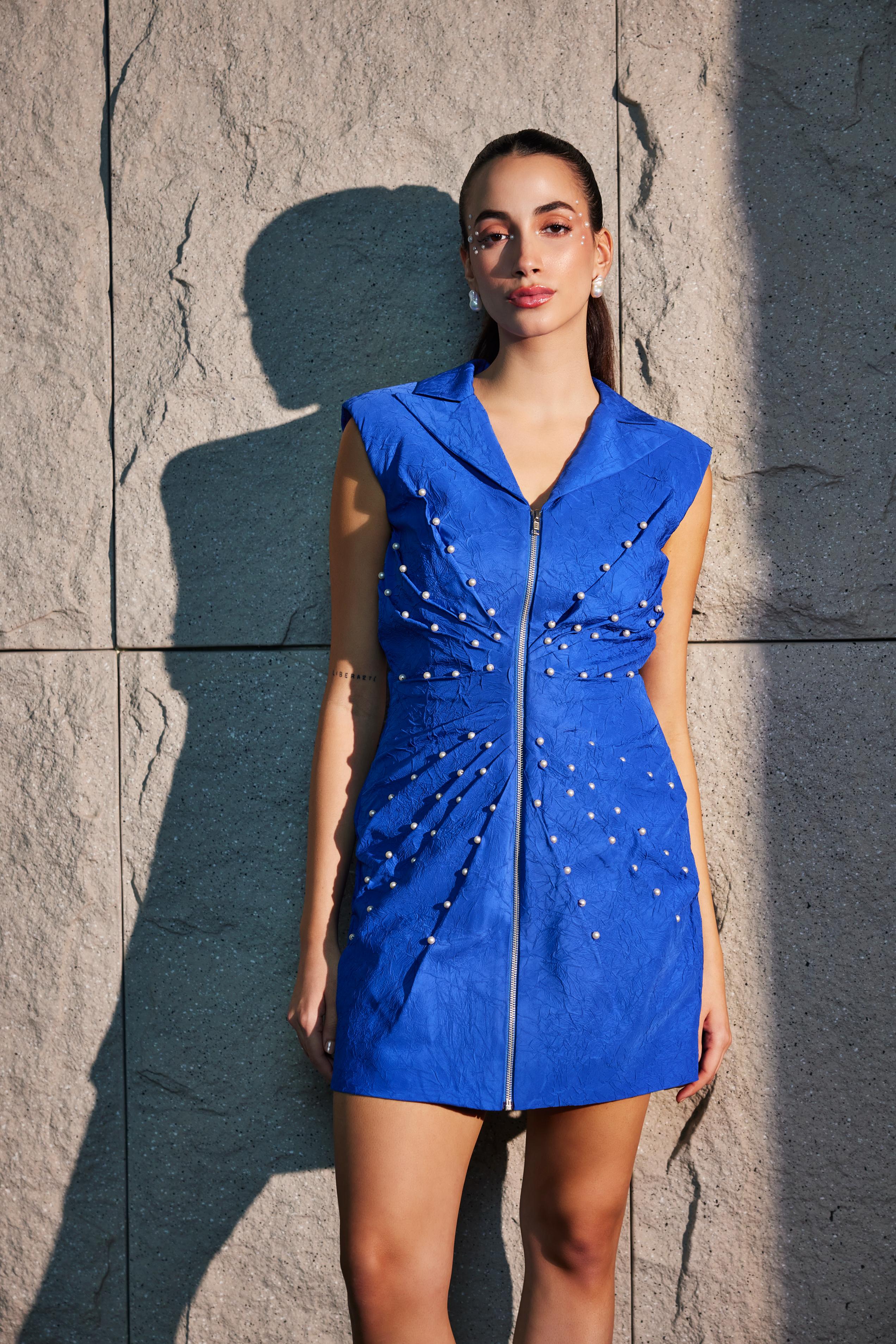 Imperial Blue Textured Zipper Dress