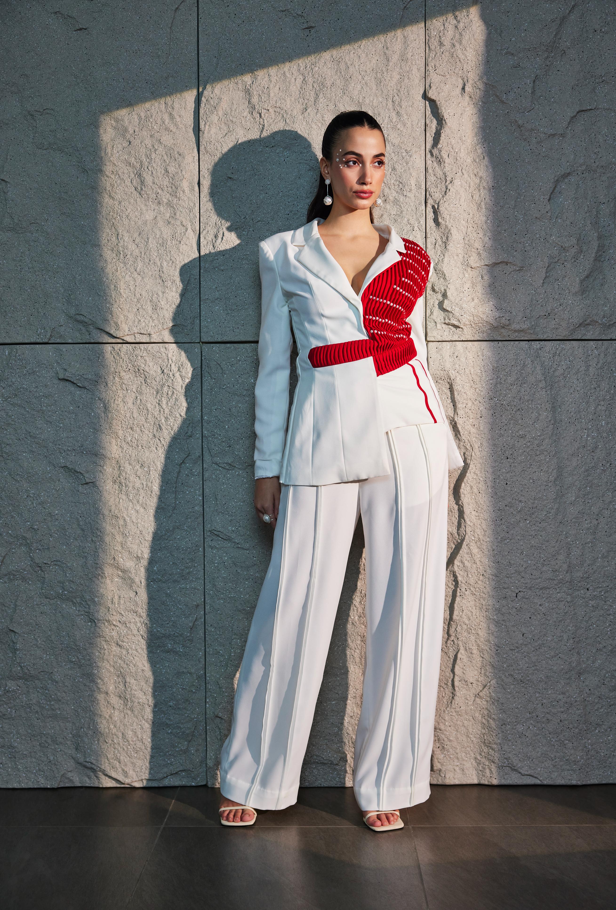 Ivory Formal Blazer With Adjustable Pintucked Belt  & Pant Set