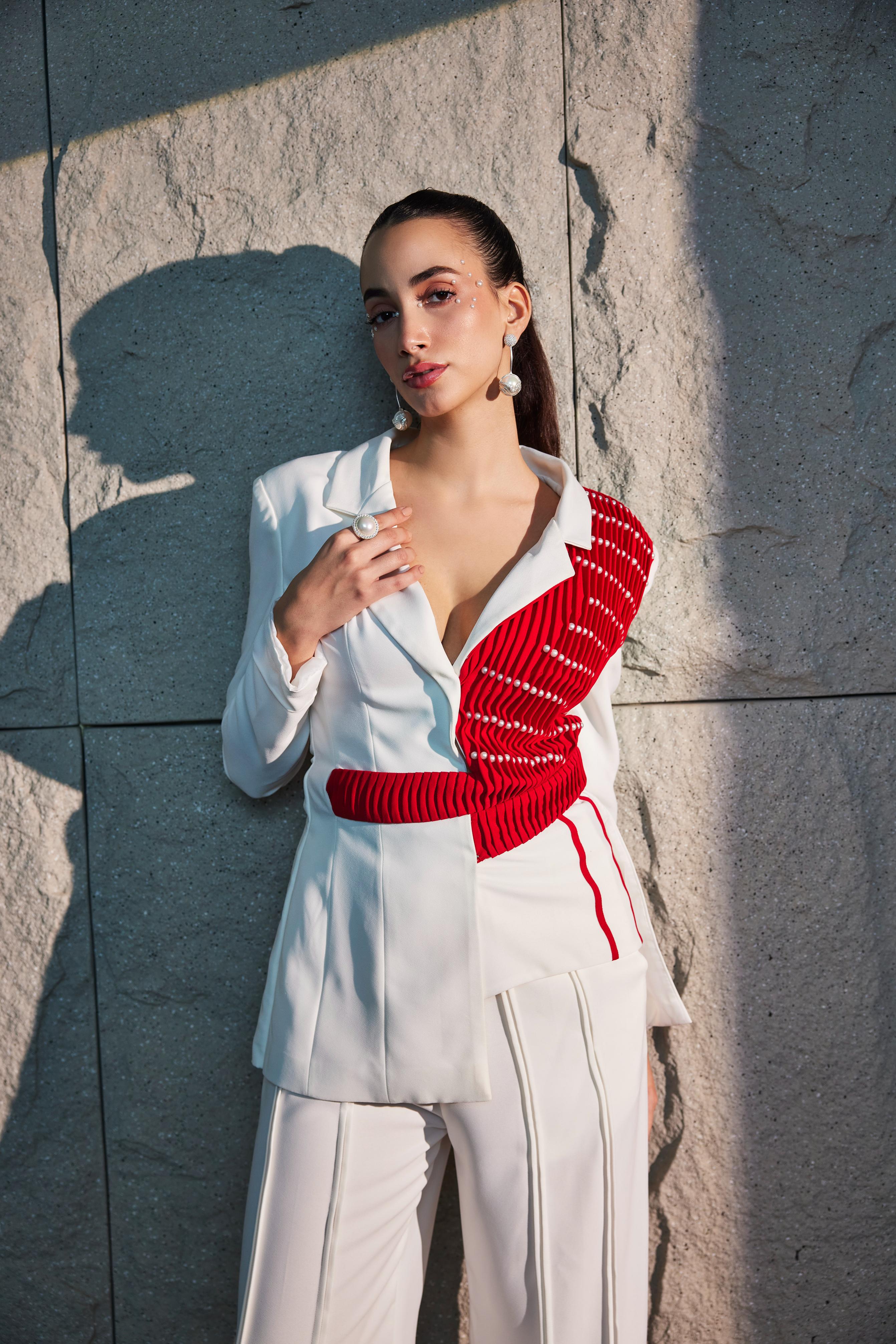 Ivory Formal Blazer With Adjustable  Pintucked Belt