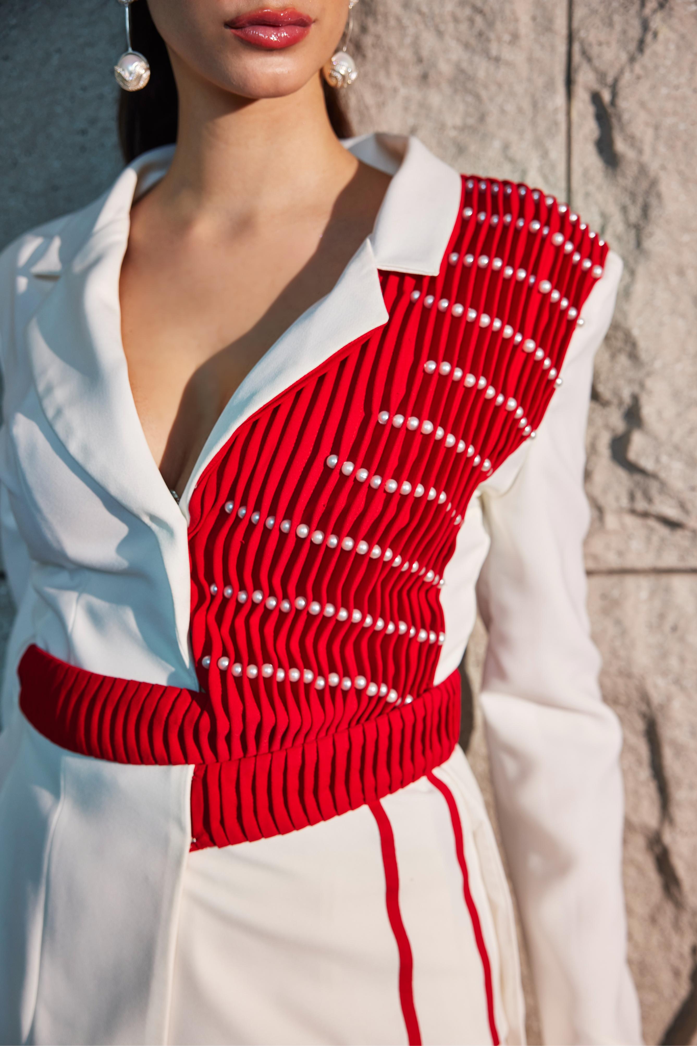 Ivory Formal Blazer With Adjustable Pintucked Belt  & Pant Set