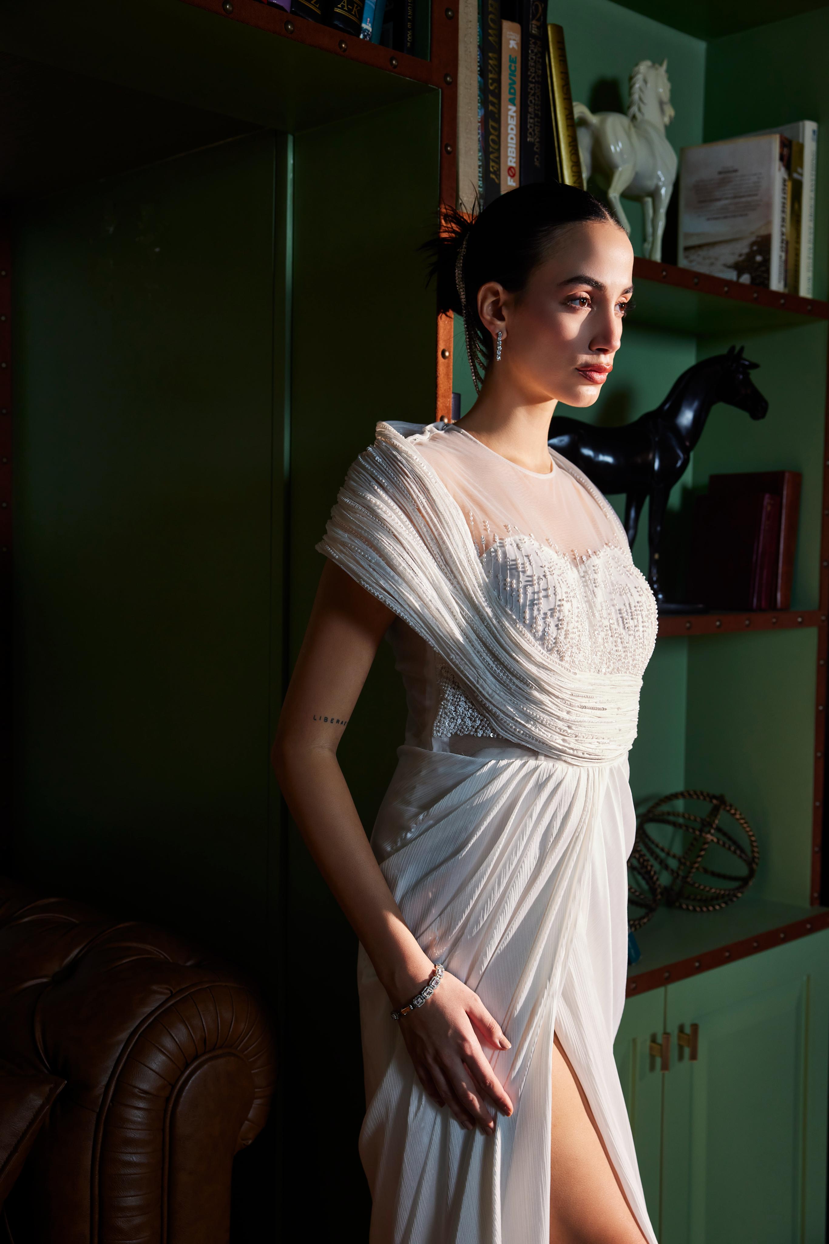 Ivory Shoulder Draped Sculpted Saree