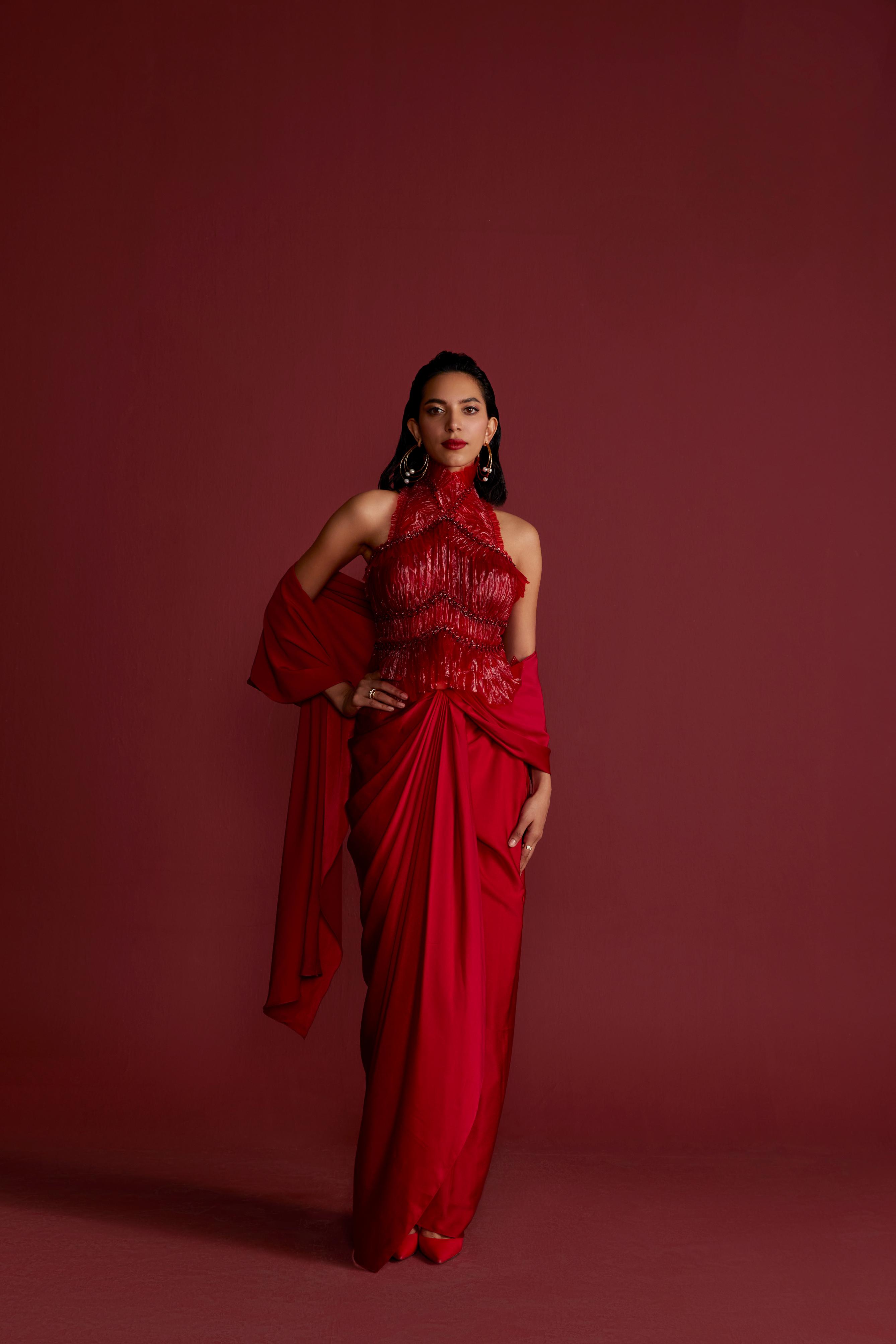 Mystique Red Drape Saree