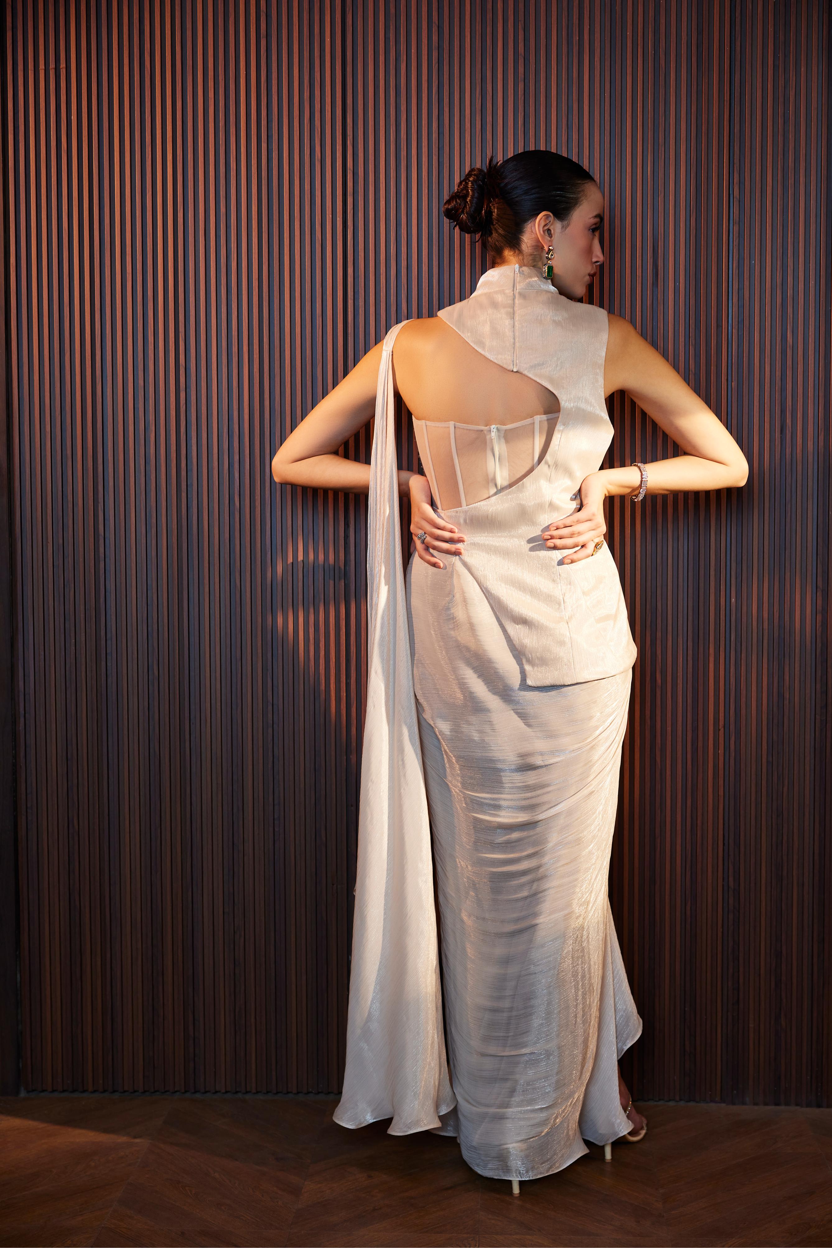 Nude Draped Corset Saree With Cut Out  Jacket