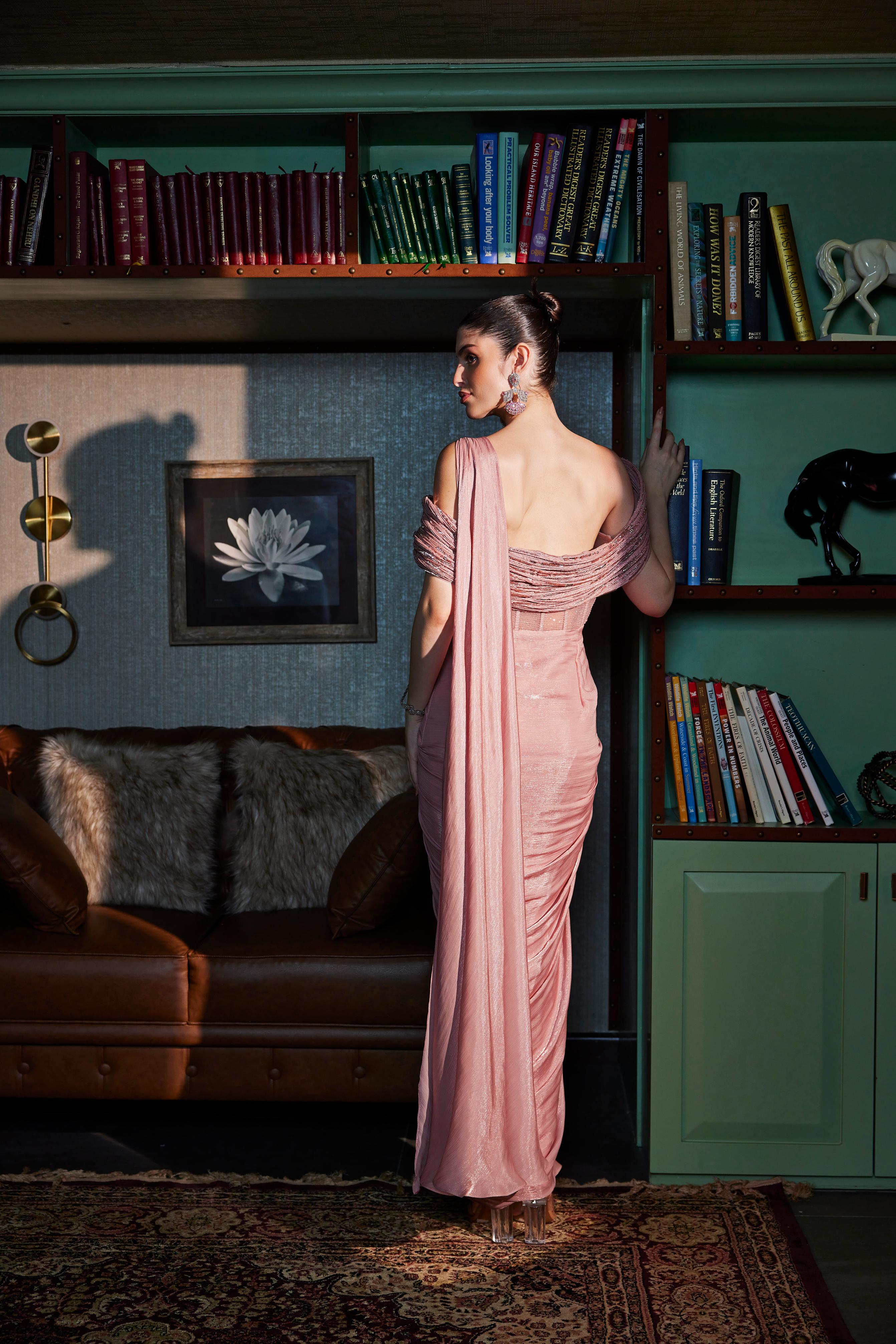 Nude Pink Sculpted Embellished Draped Saree
