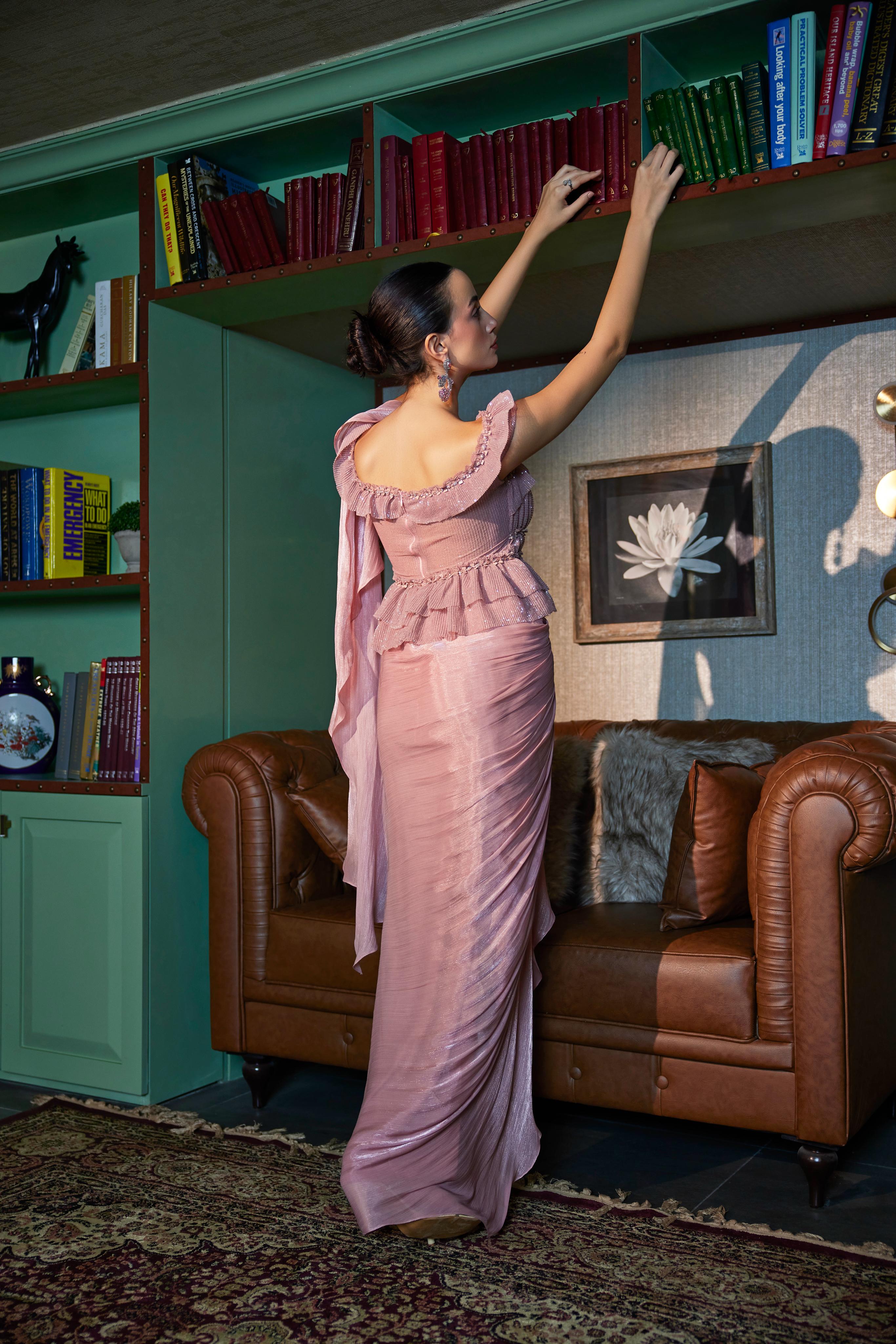 Nude Pink Draped Saree With Sequined Ruffled Top