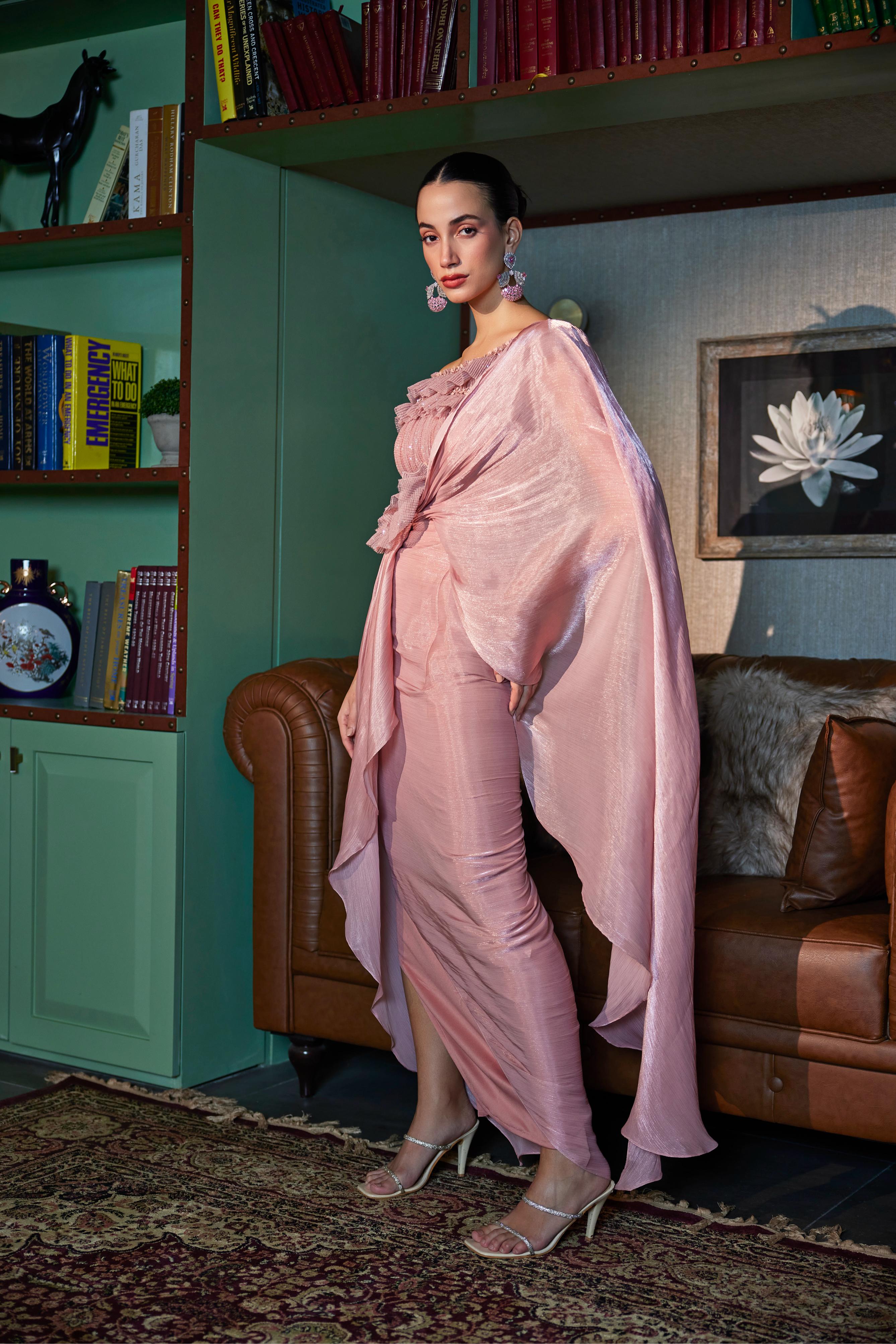 Nude Pink Draped Saree With Sequined Ruffled Top