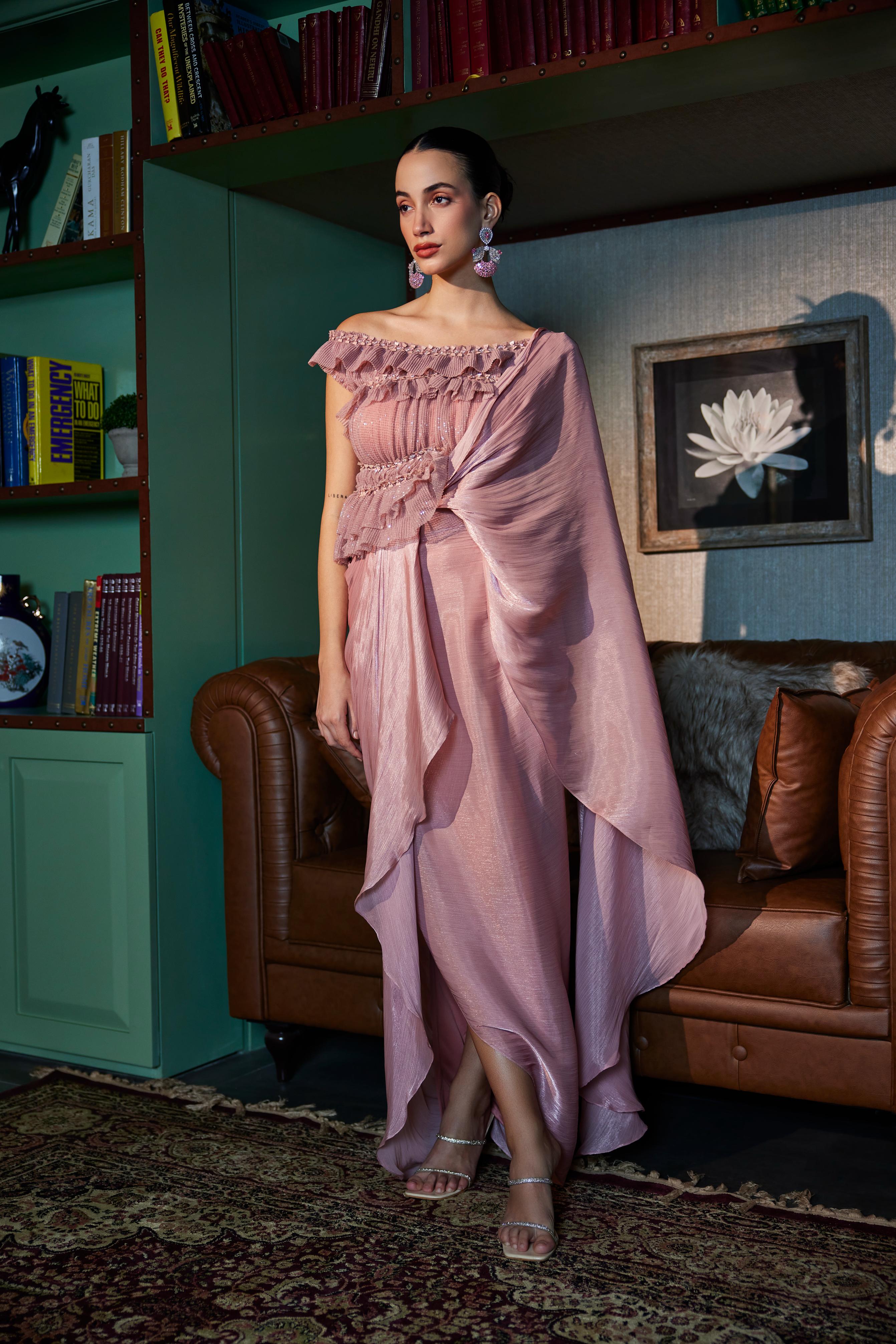 Nude Pink Draped Saree With Sequined Ruffled Top