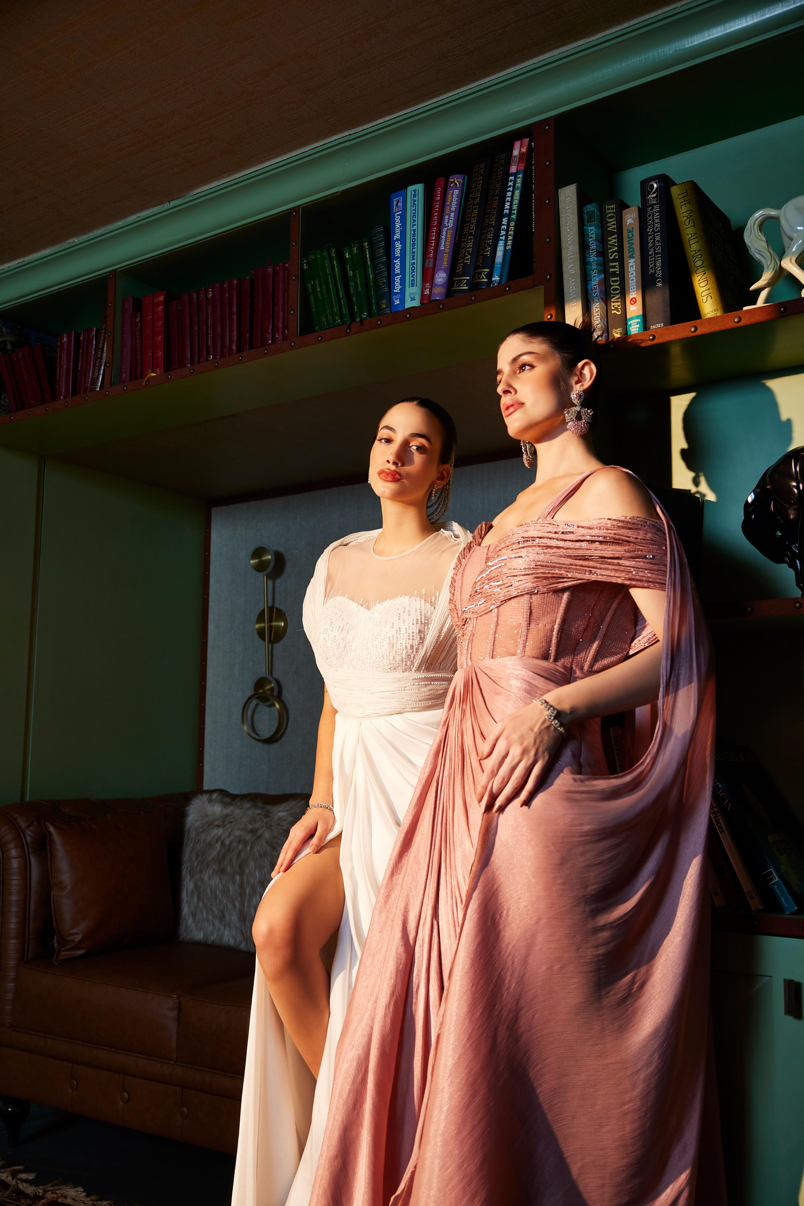 Nude Pink Sculpted Embellished Draped Saree