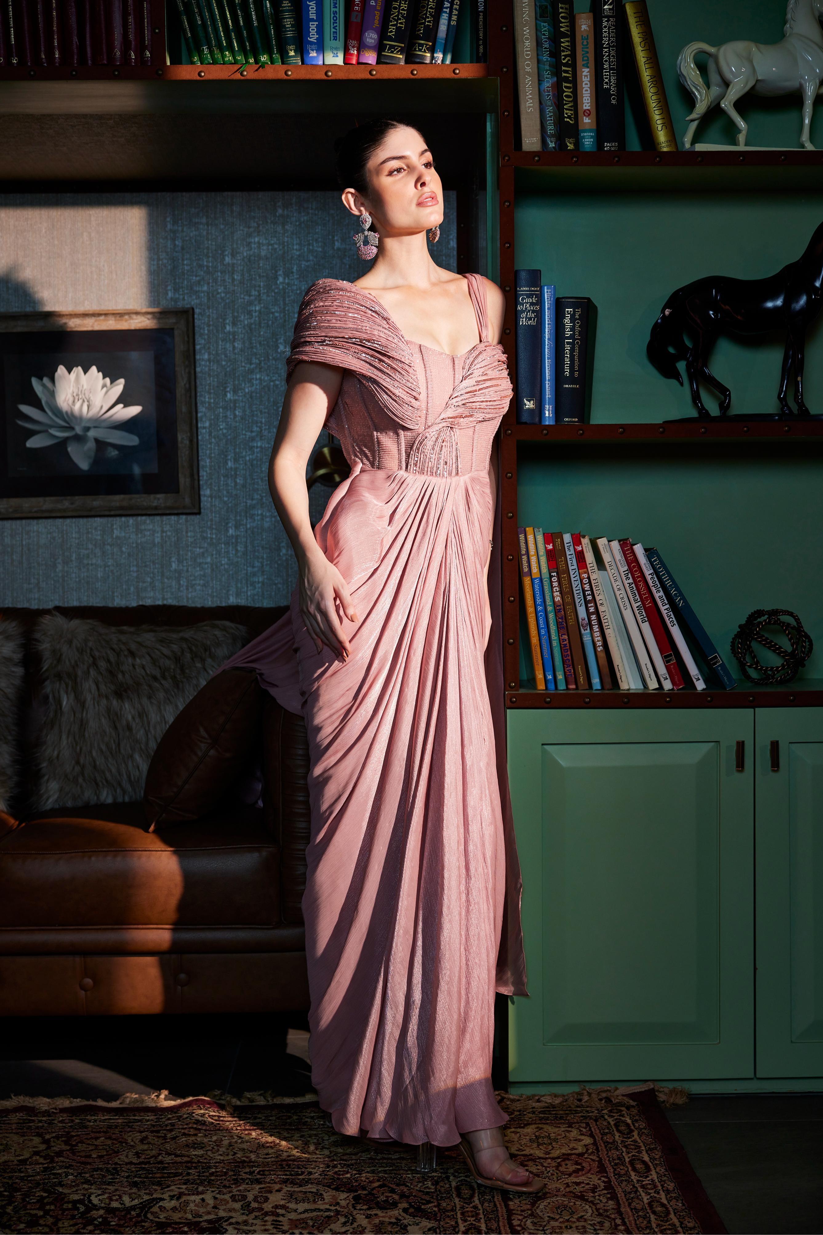 Nude Pink Sculpted Embellished Draped Saree