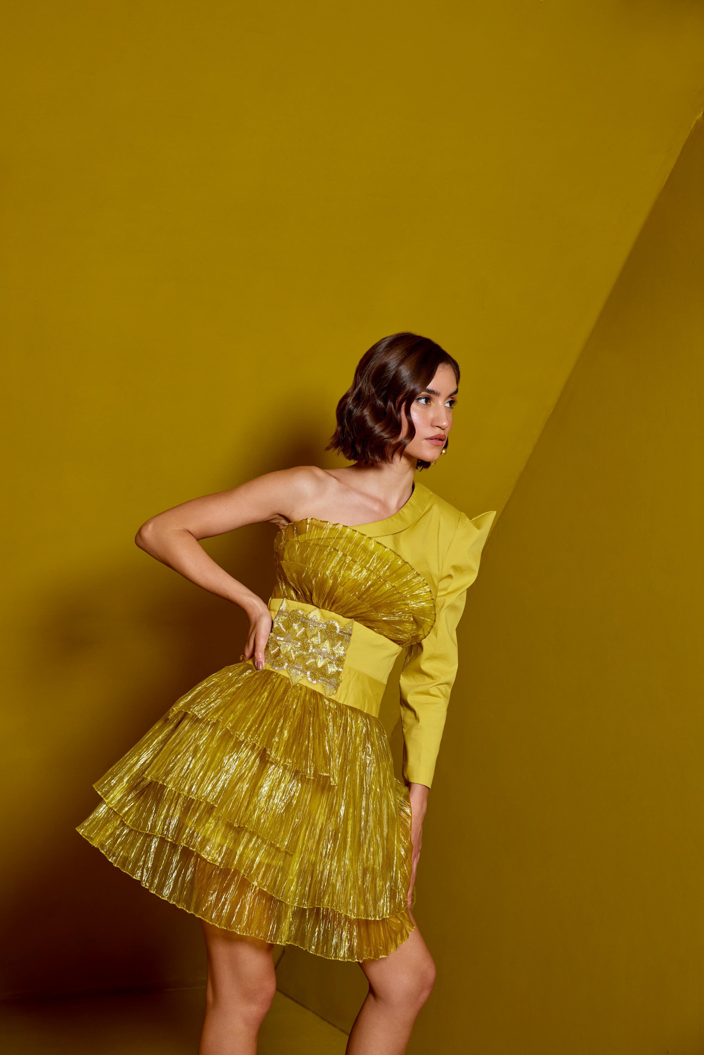 Organza Ruffle Dress with One Shoulder