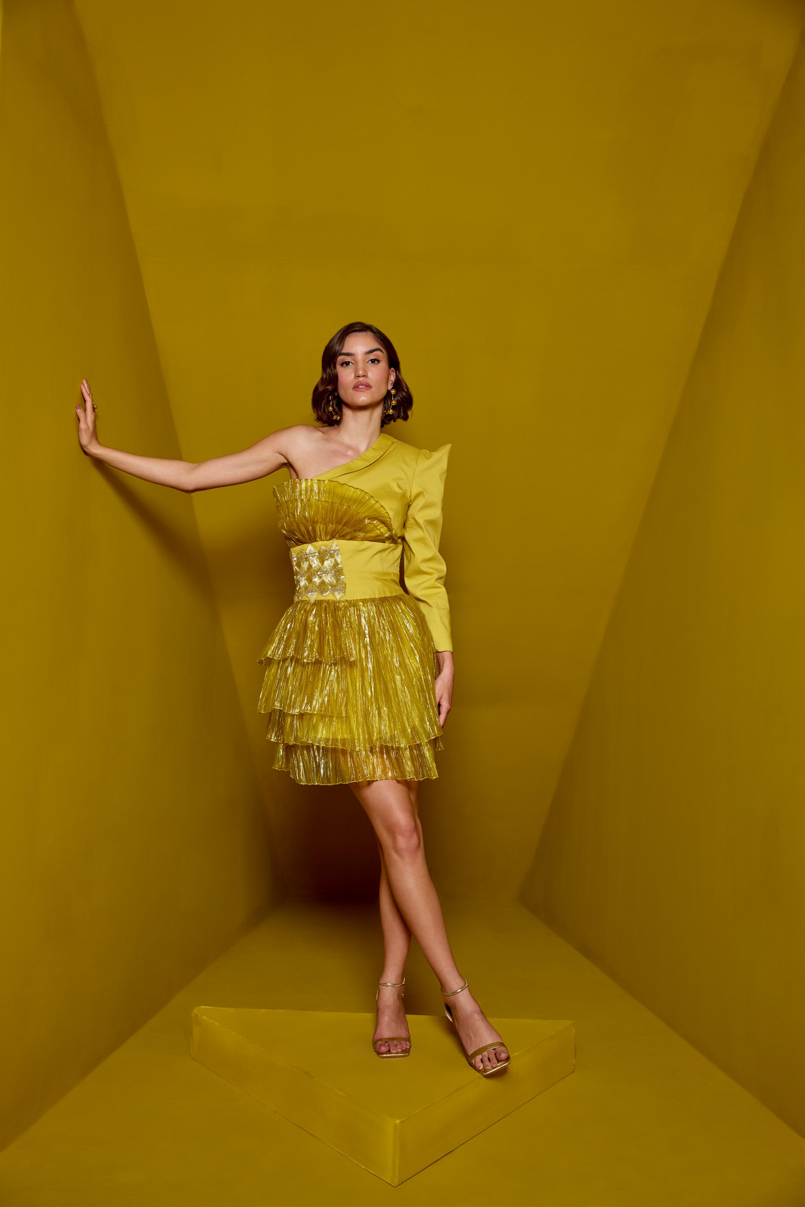 Organza Ruffle Dress with One Shoulder