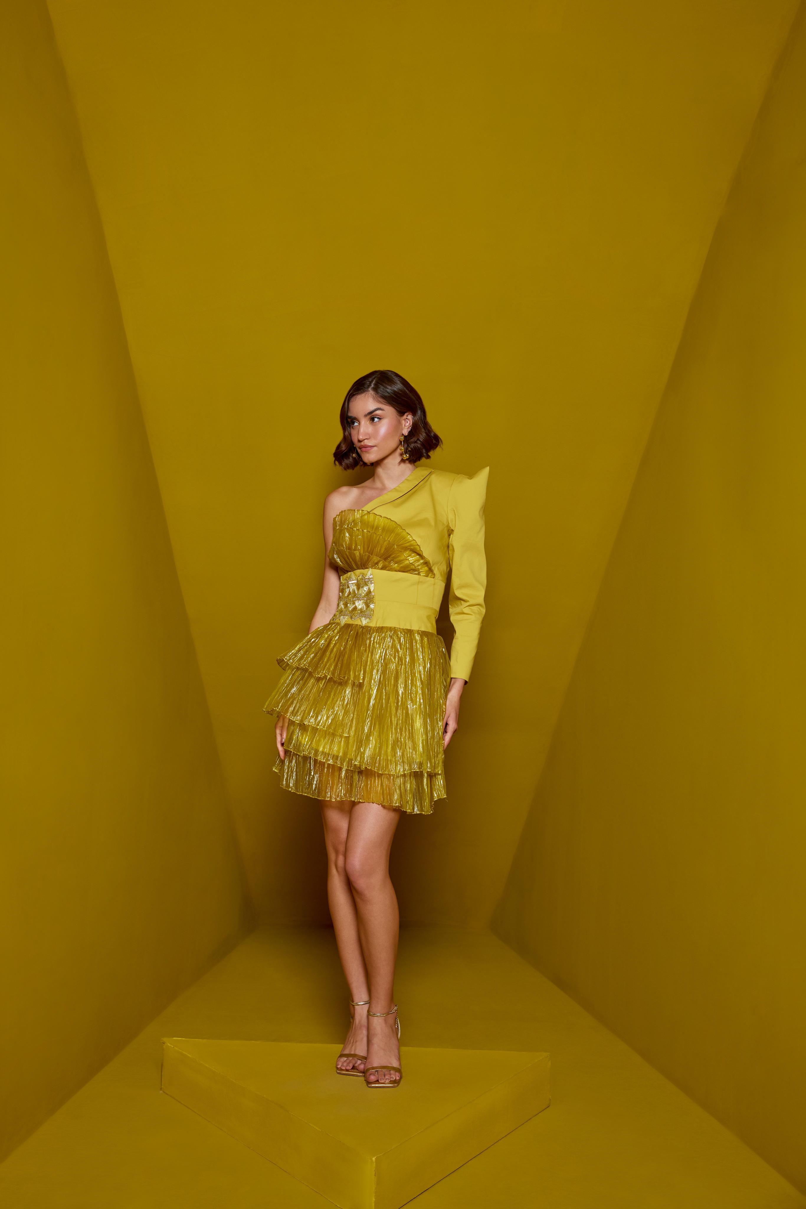Organza Ruffle Dress with One Shoulder