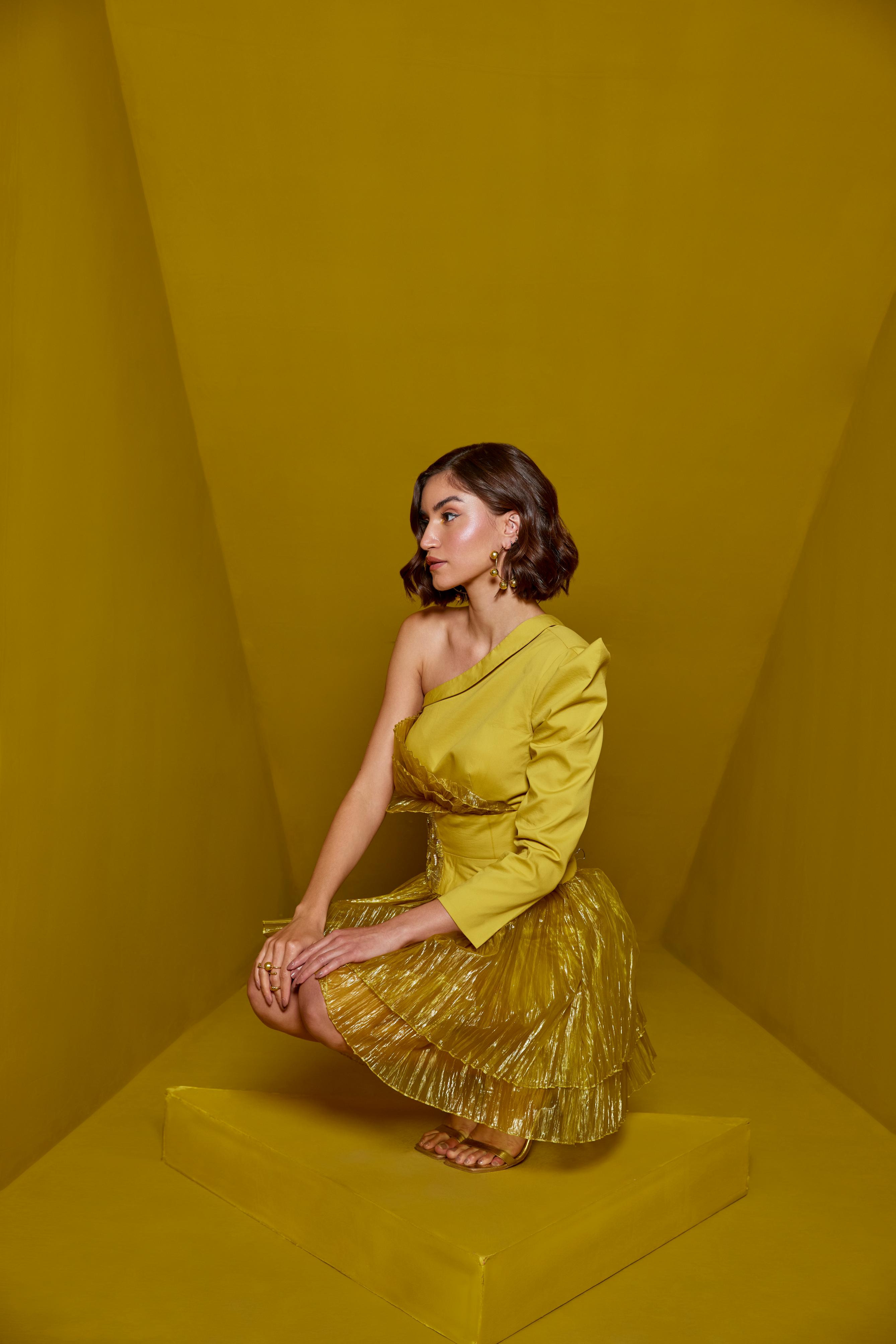 Organza Ruffle Dress with One Shoulder