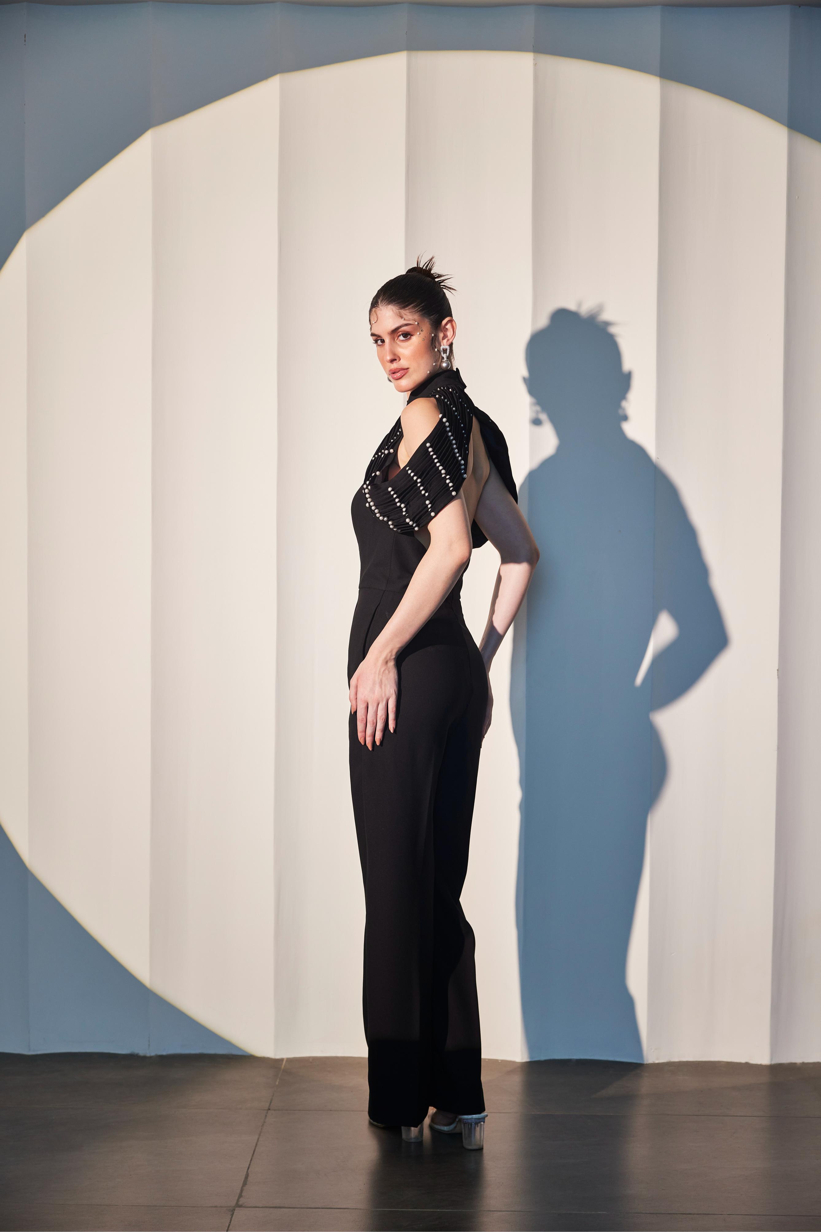 Rich Black Cold Shoulder Backless Jumpsuit