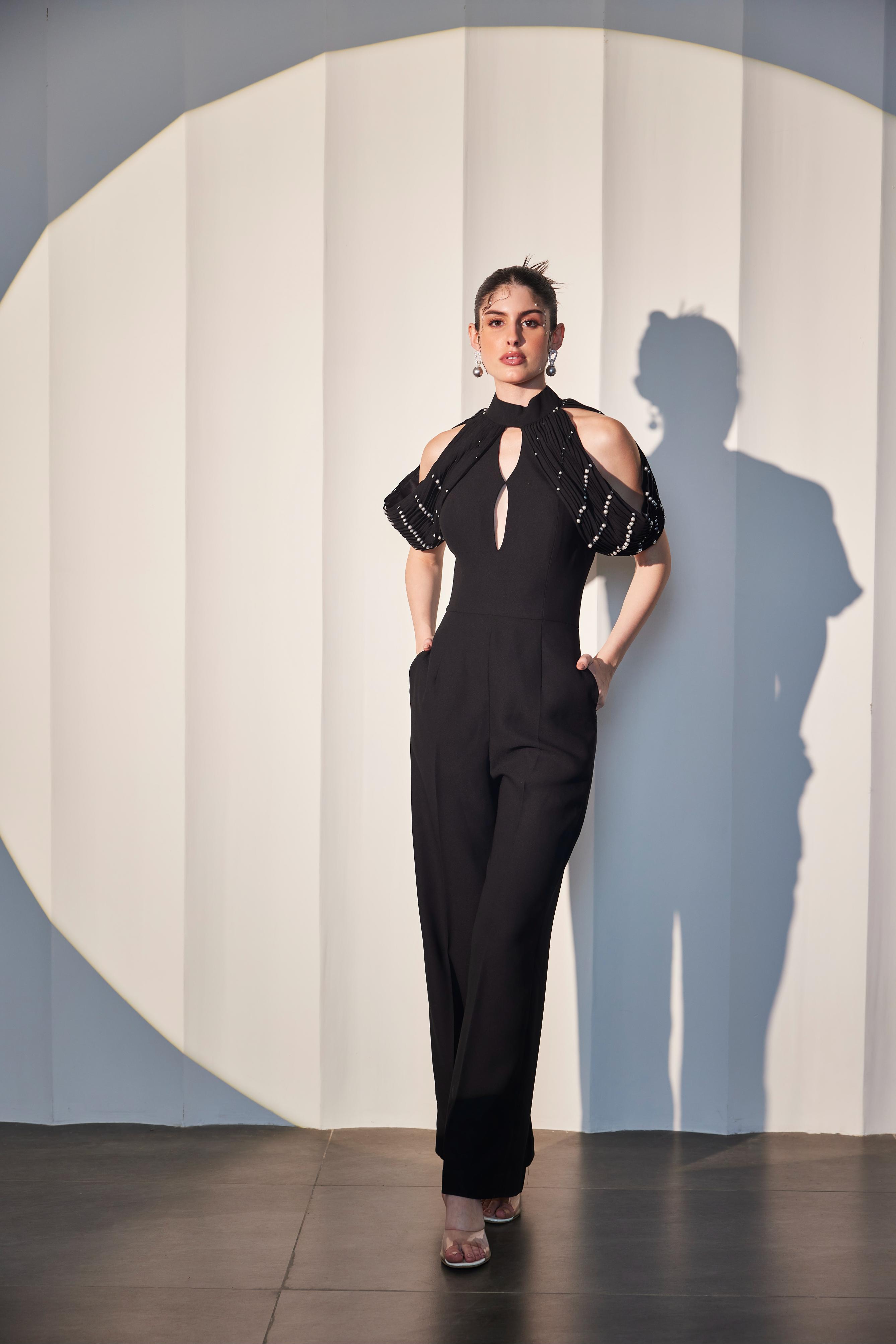Rich Black Cold Shoulder Backless Jumpsuit