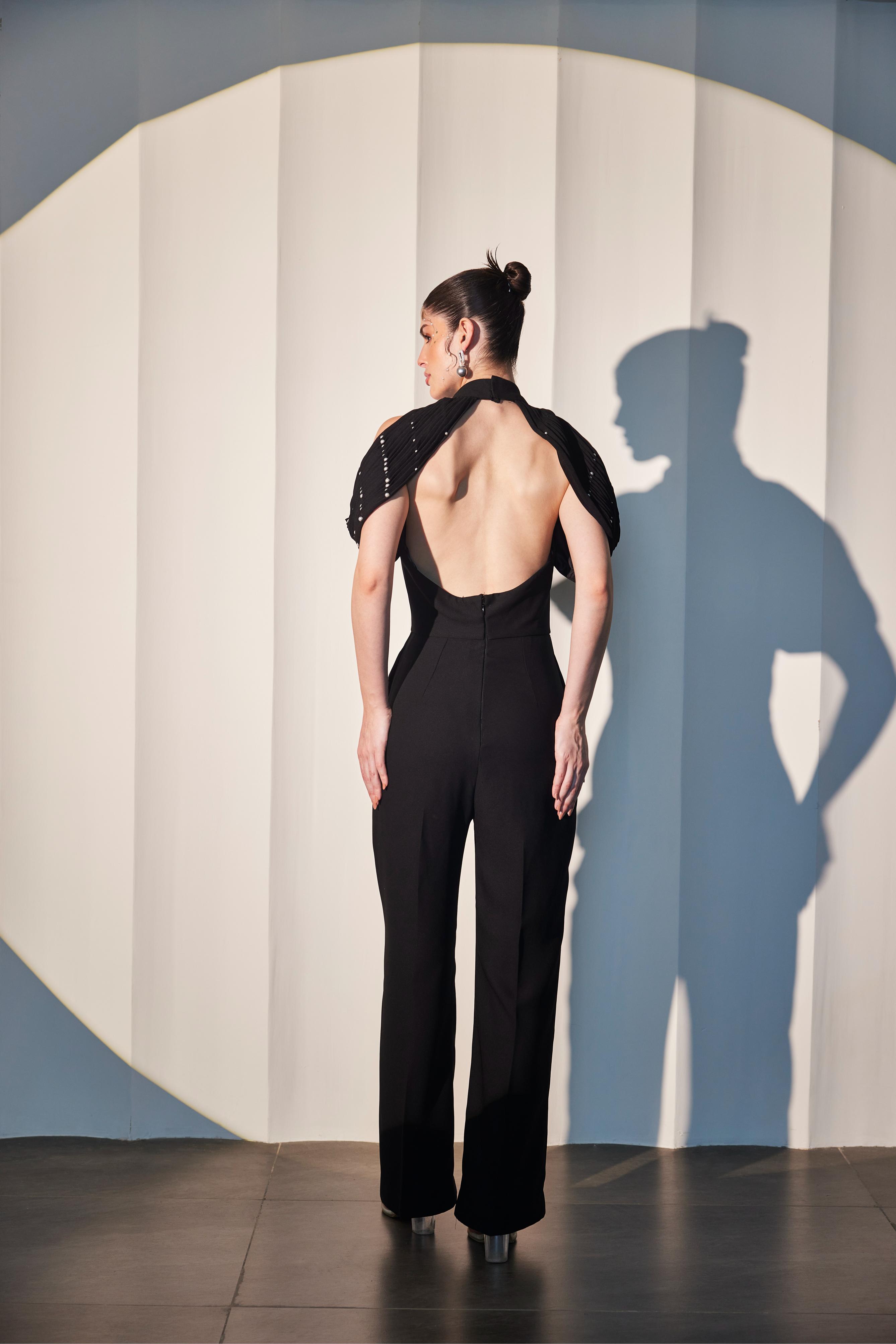 Rich Black Cold Shoulder Backless Jumpsuit
