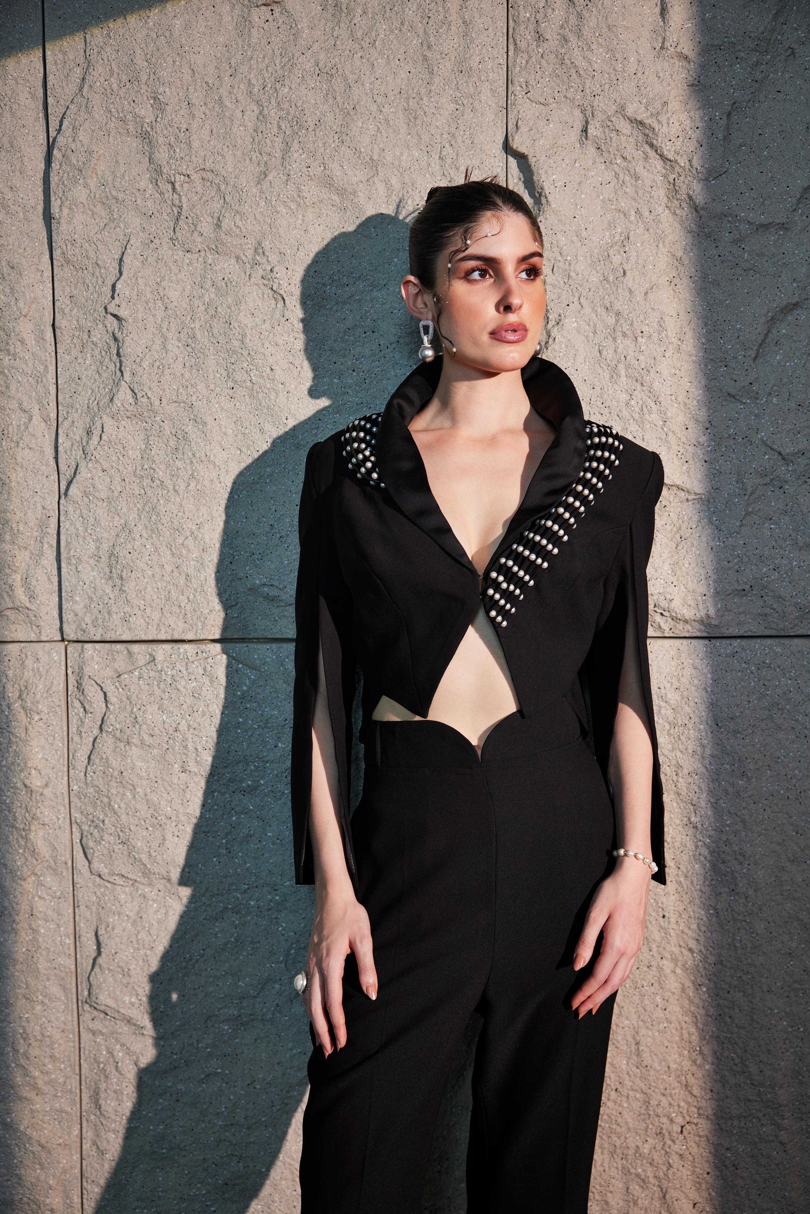 Rich Black Slit Sleeve Crop  Jacket