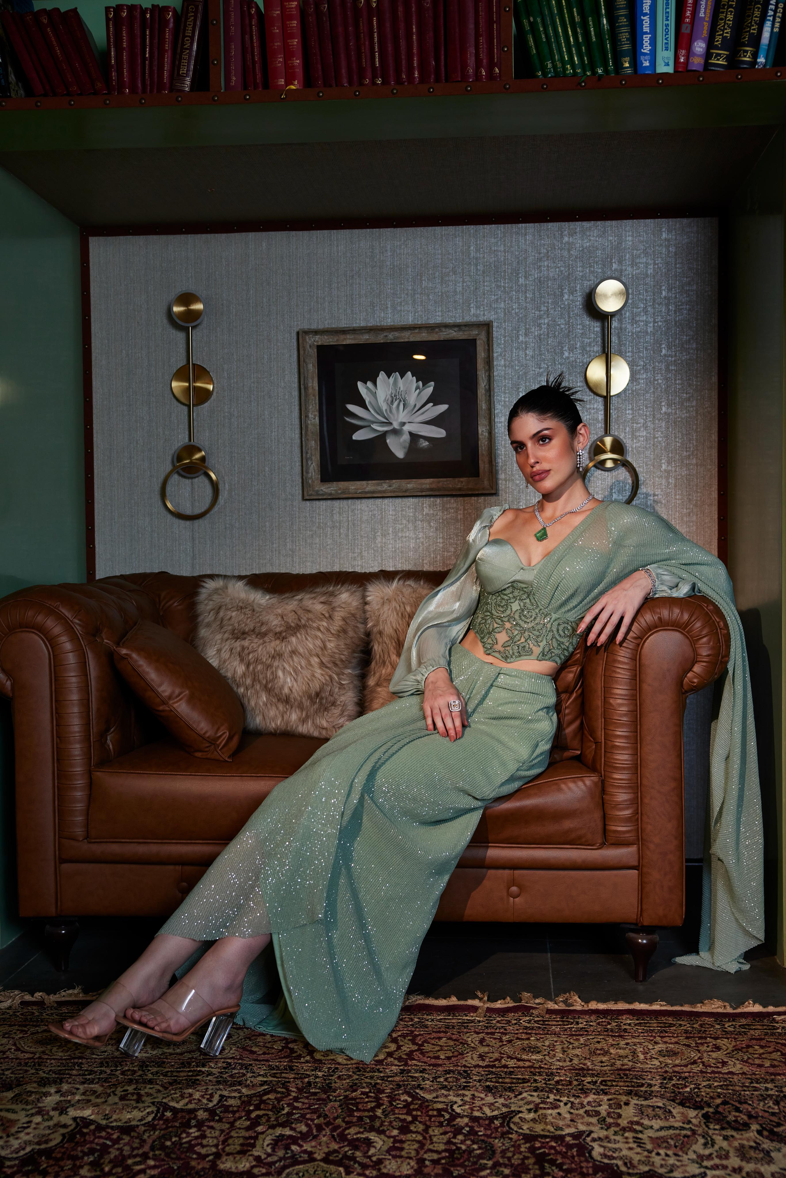 Sage Green  Pre Draped Corset Saree
