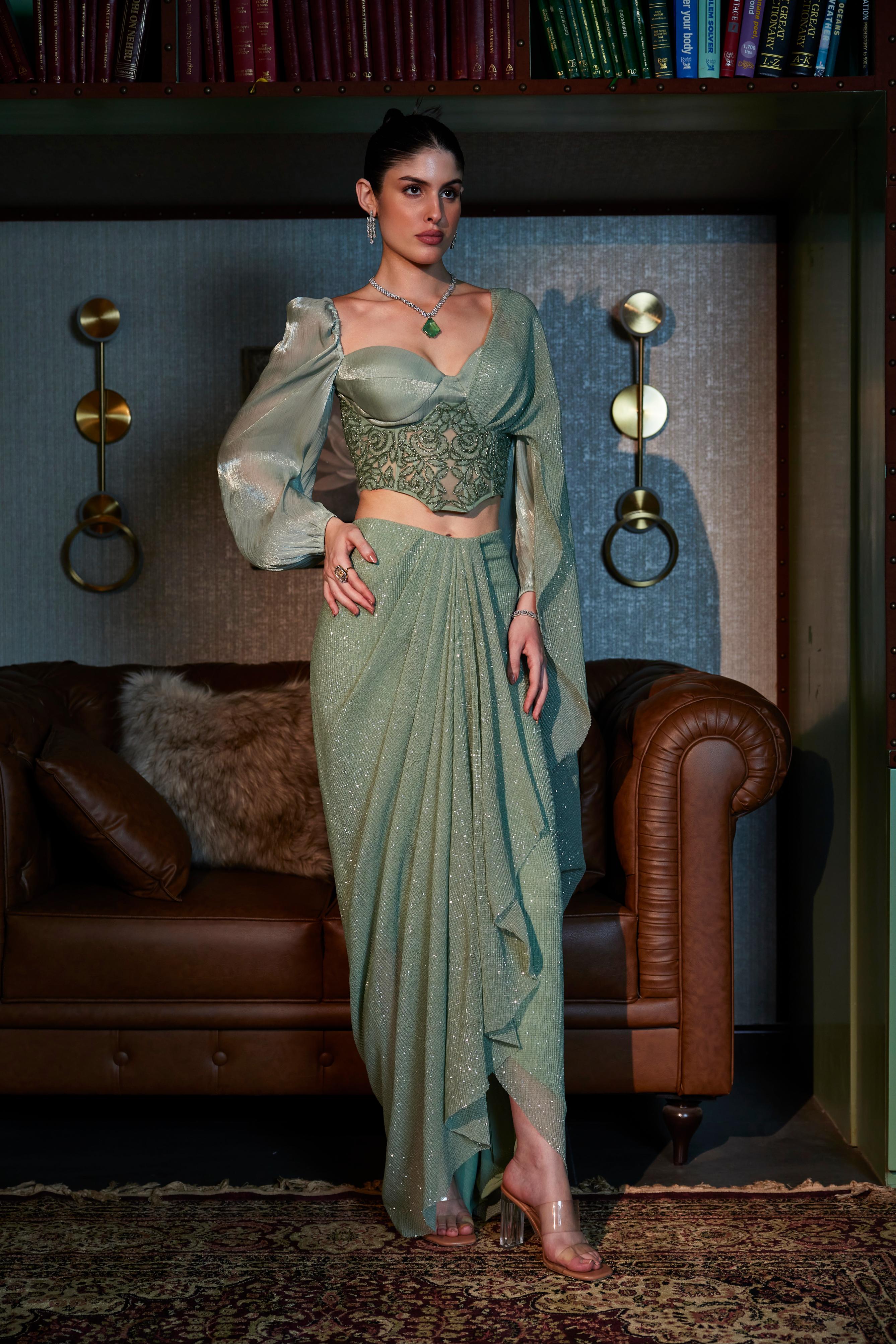 Sage Green  Pre Draped Corset Saree