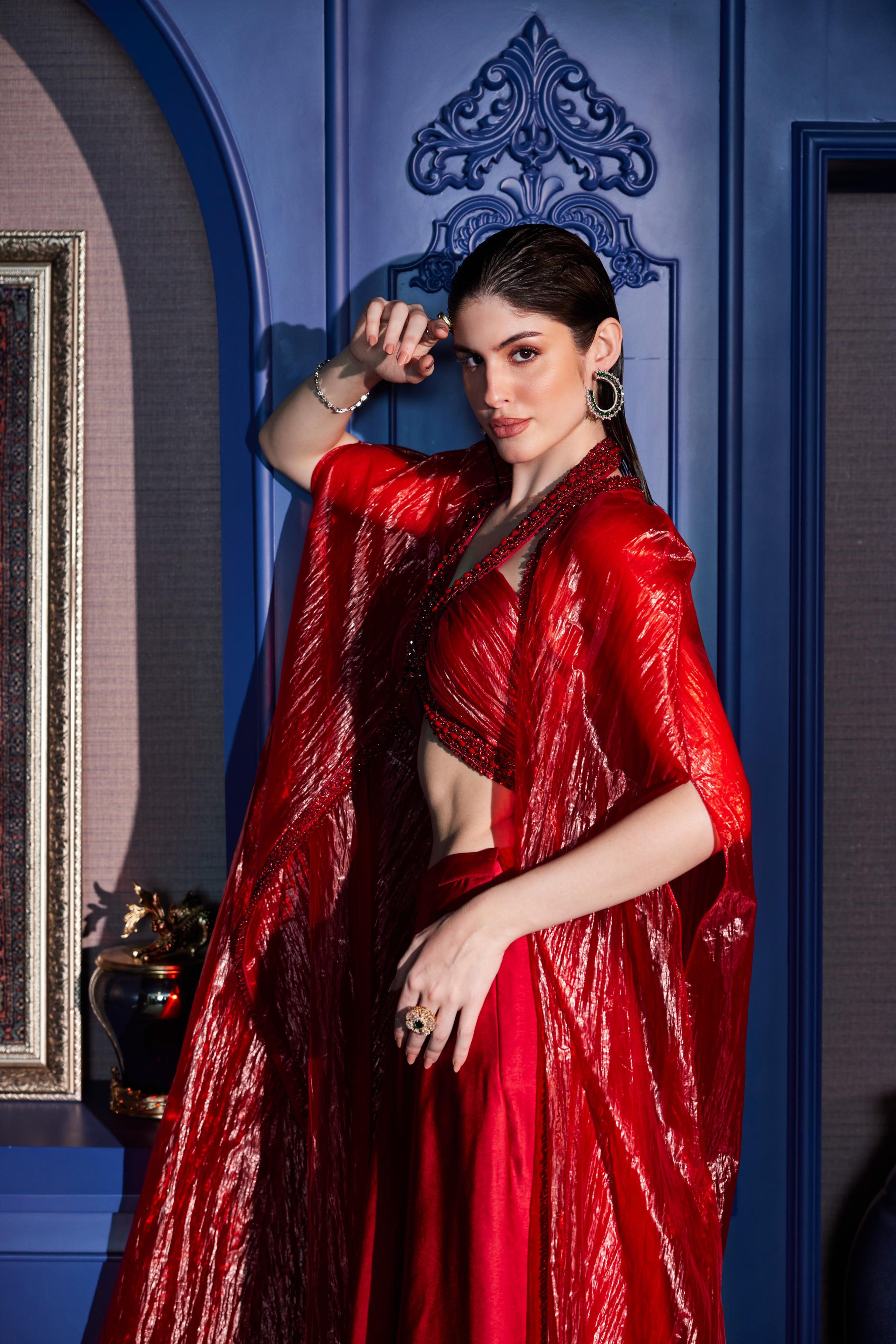 Scarlet Red Halter Neck  Blouse With Asymmetrical Skirt & Sheer Cape