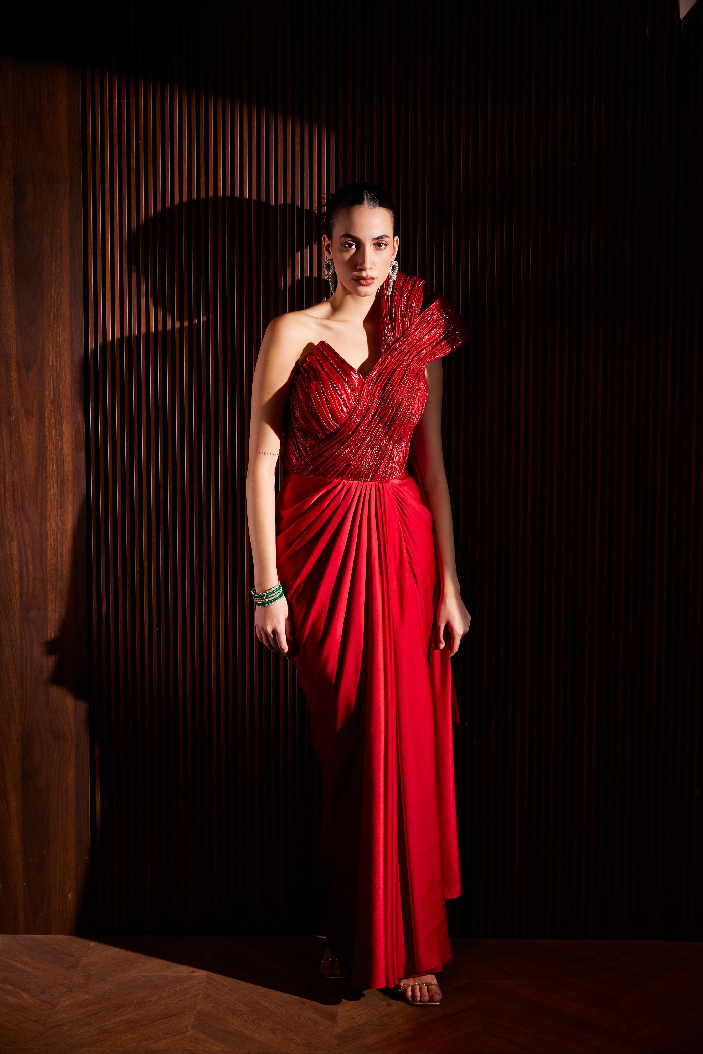 Scarlet Red Structured Off Shoulder Draped Saree