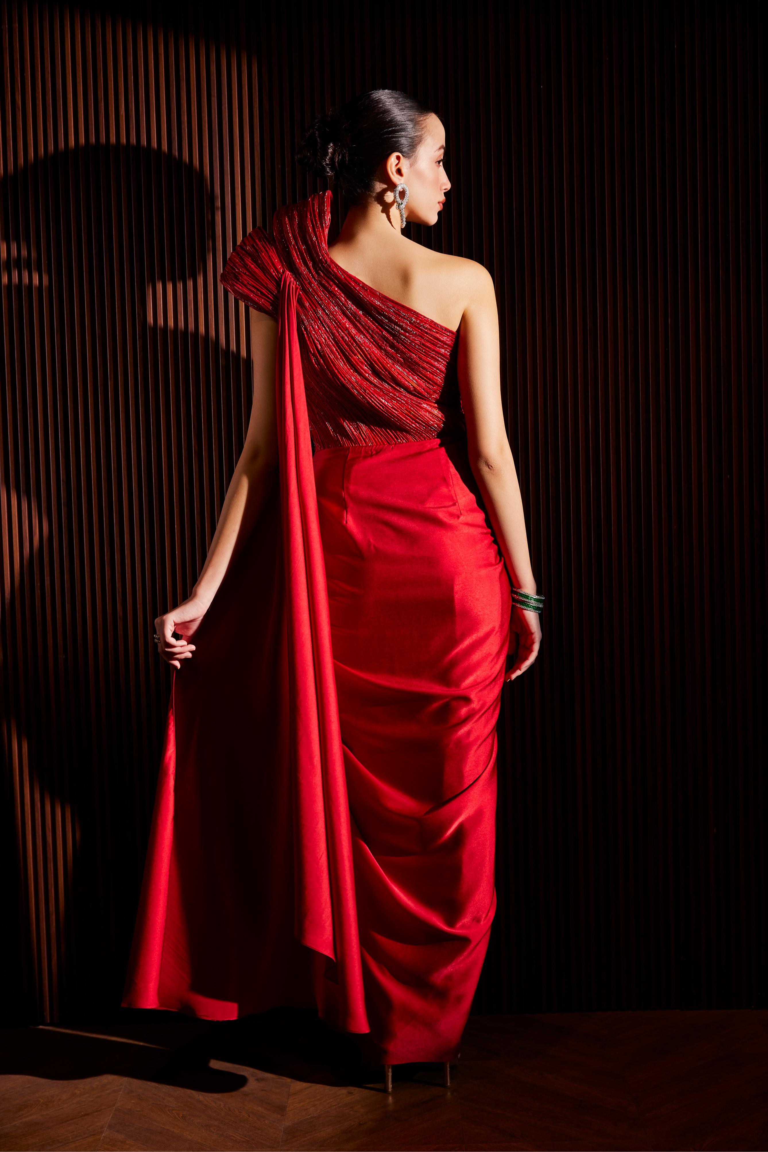 Scarlet Red Structured Off Shoulder Draped Saree