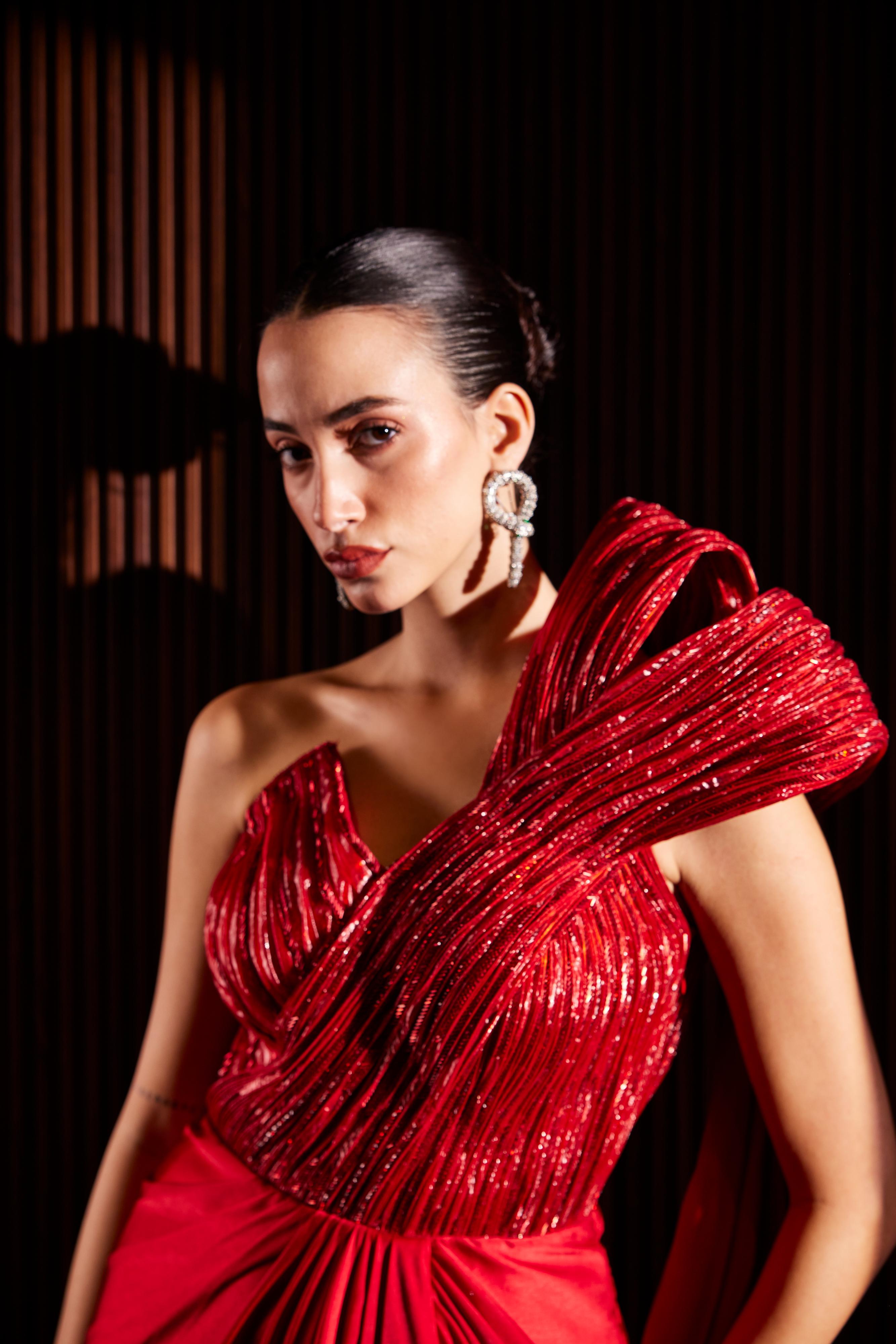 Scarlet Red Structured Off Shoulder Draped Saree