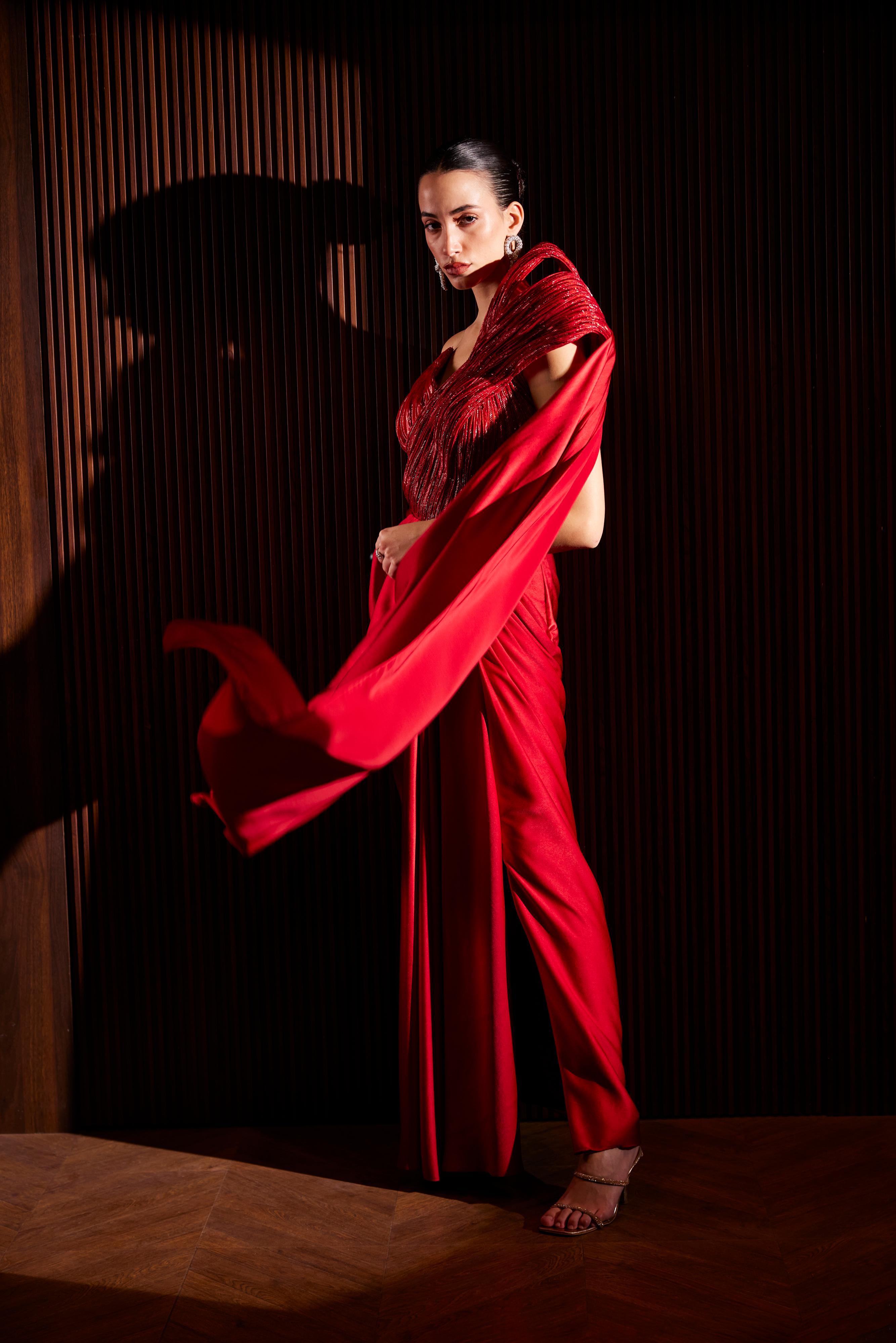 Scarlet Red Structured Off Shoulder Draped Saree