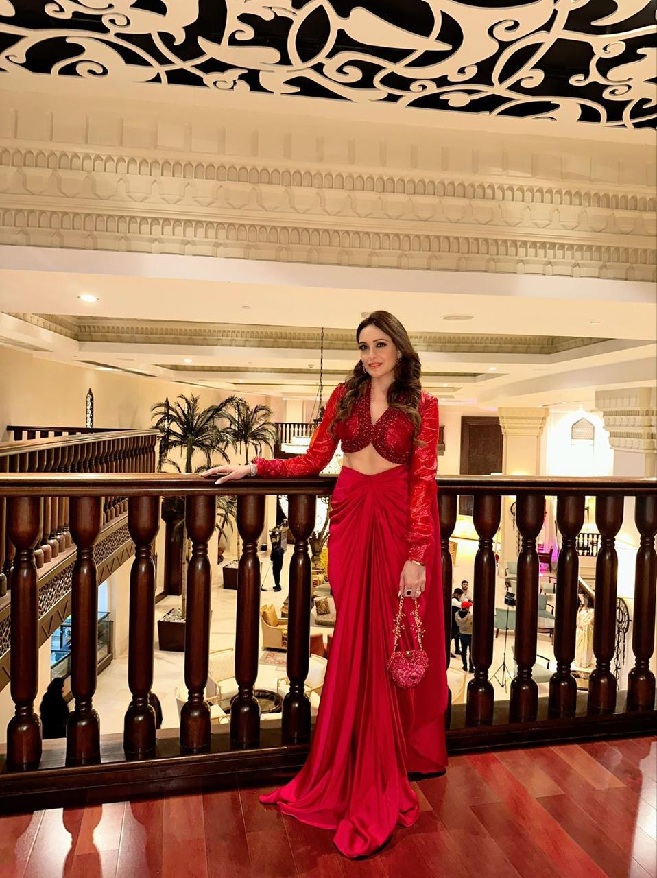 Majestique red organza drape saree